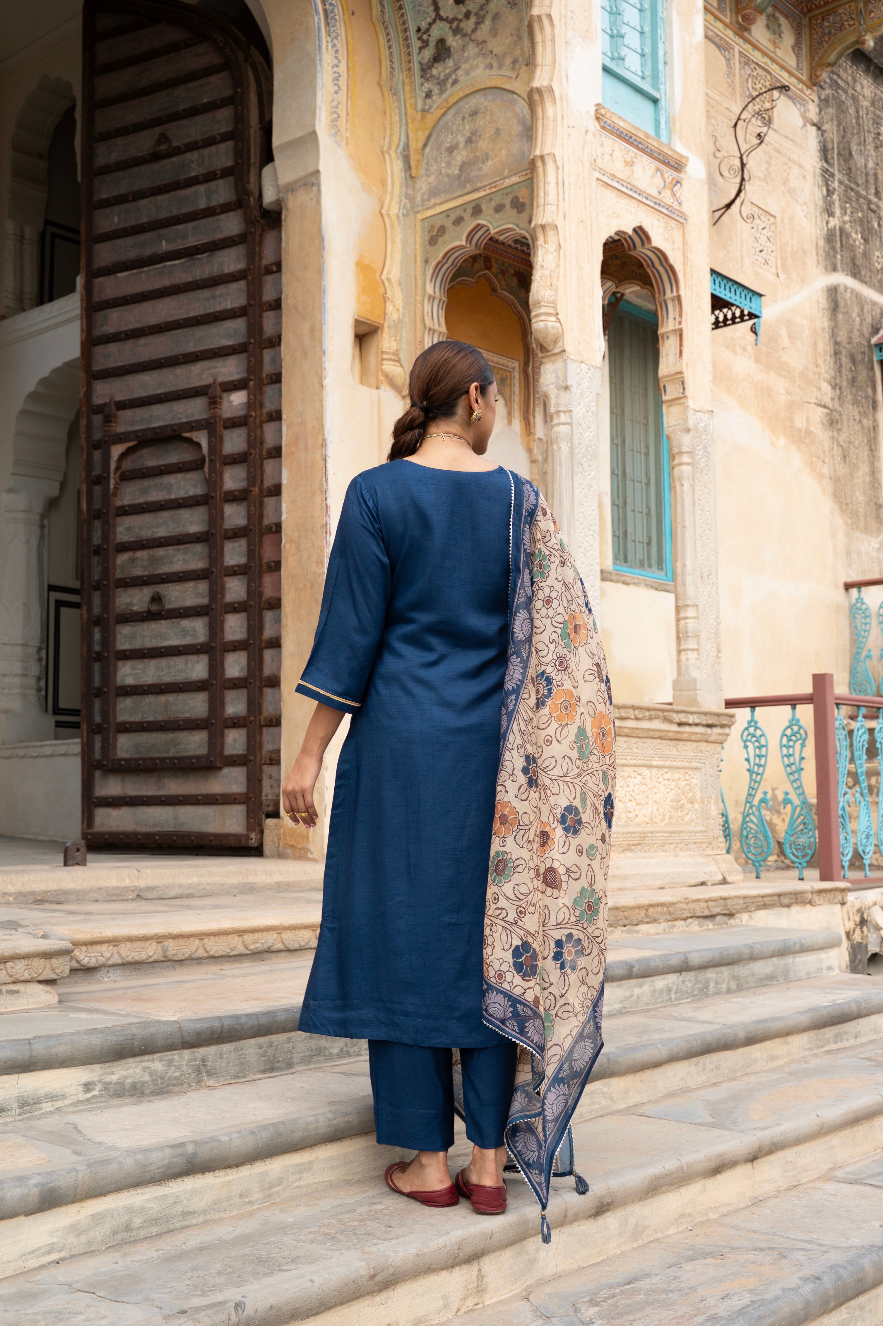 Royal Blue Embellished Dola Silk Pant Set