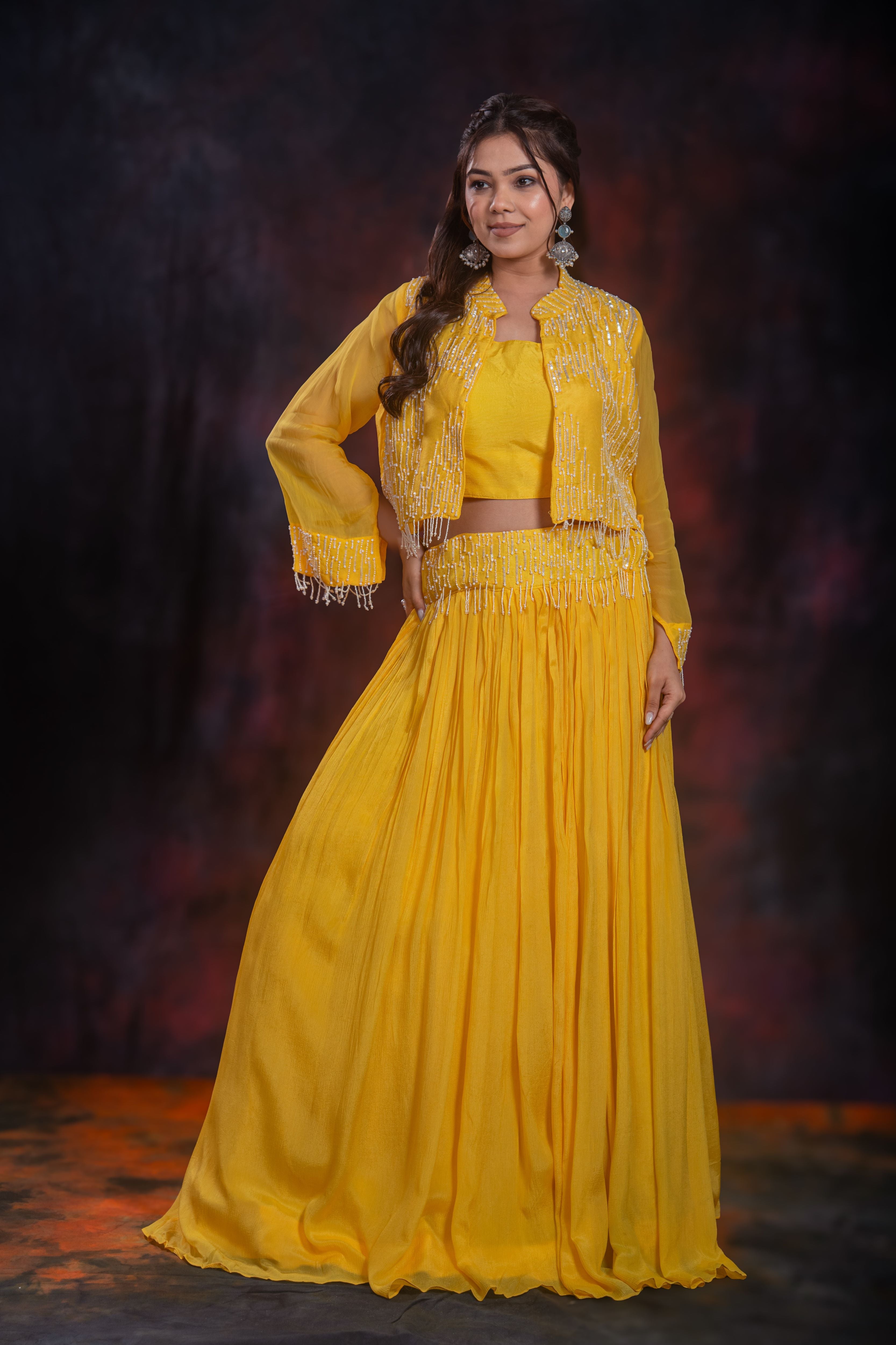 Yellow Embellished Chinon Silk Jacket Skirt Set