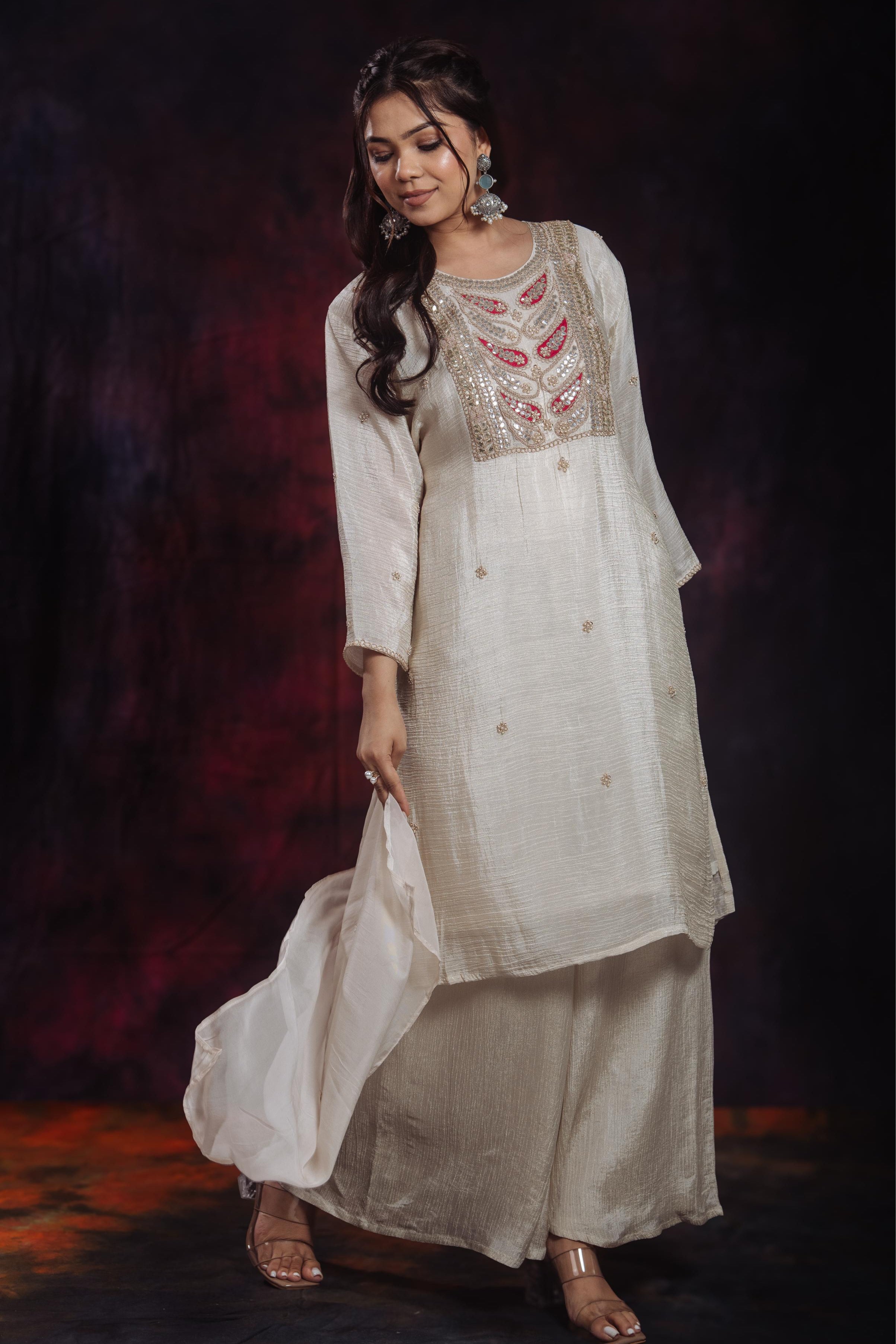 Golden Ivory Embroidered Soft Shimmer Silk Palazzo Set