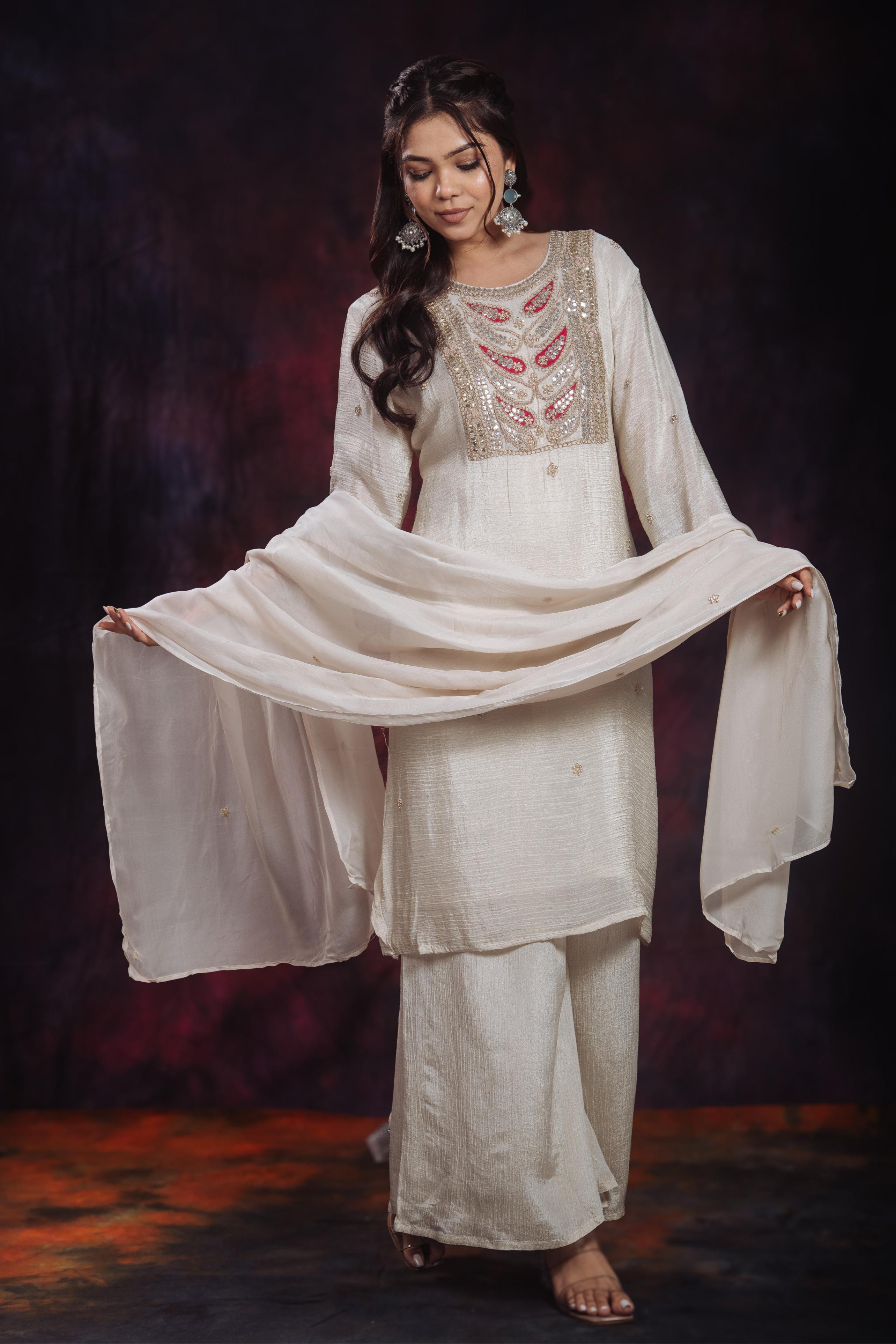 Golden Ivory Embroidered Soft Shimmer Silk Palazzo Set
