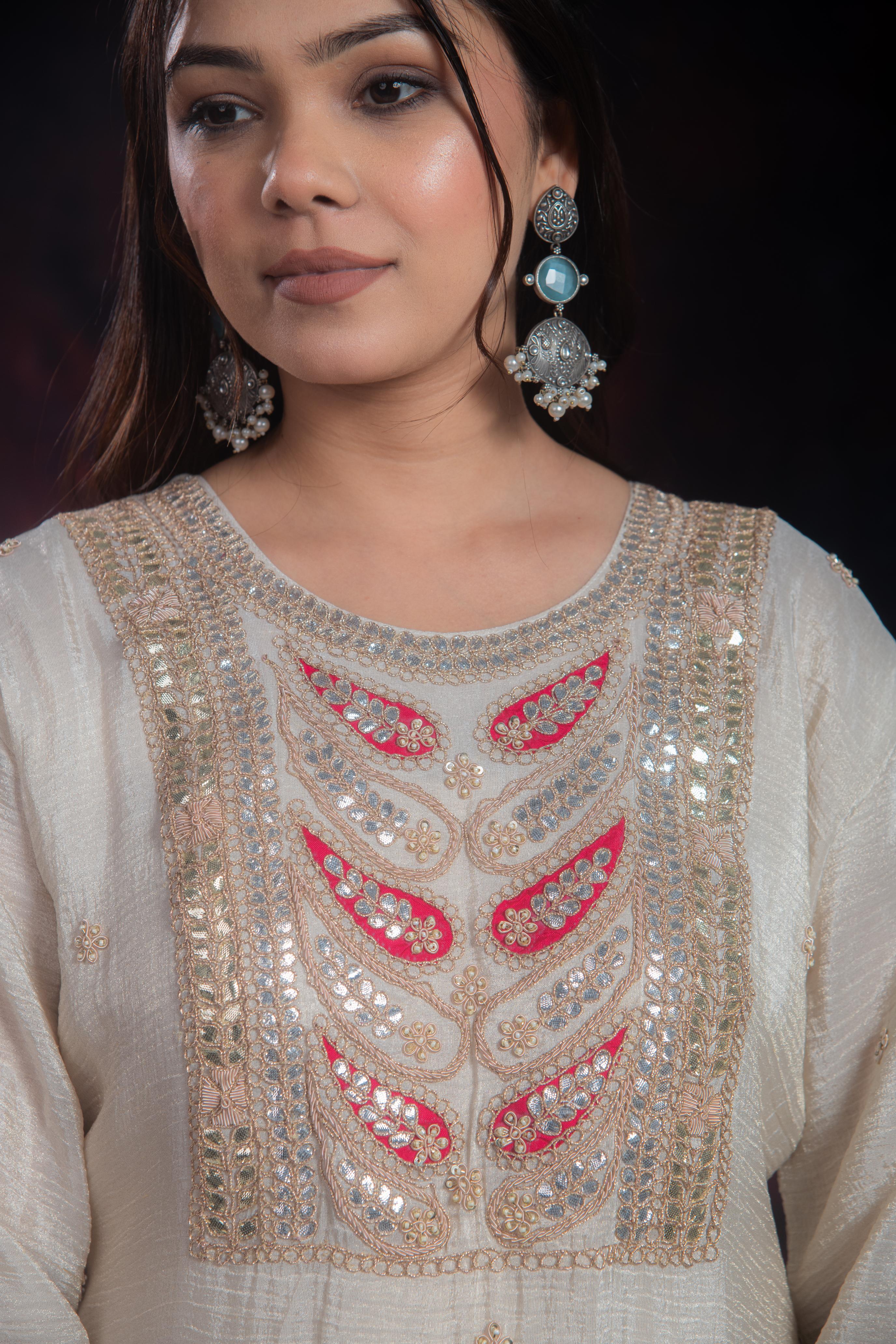 Golden Ivory Embroidered Soft Shimmer Silk Palazzo Set