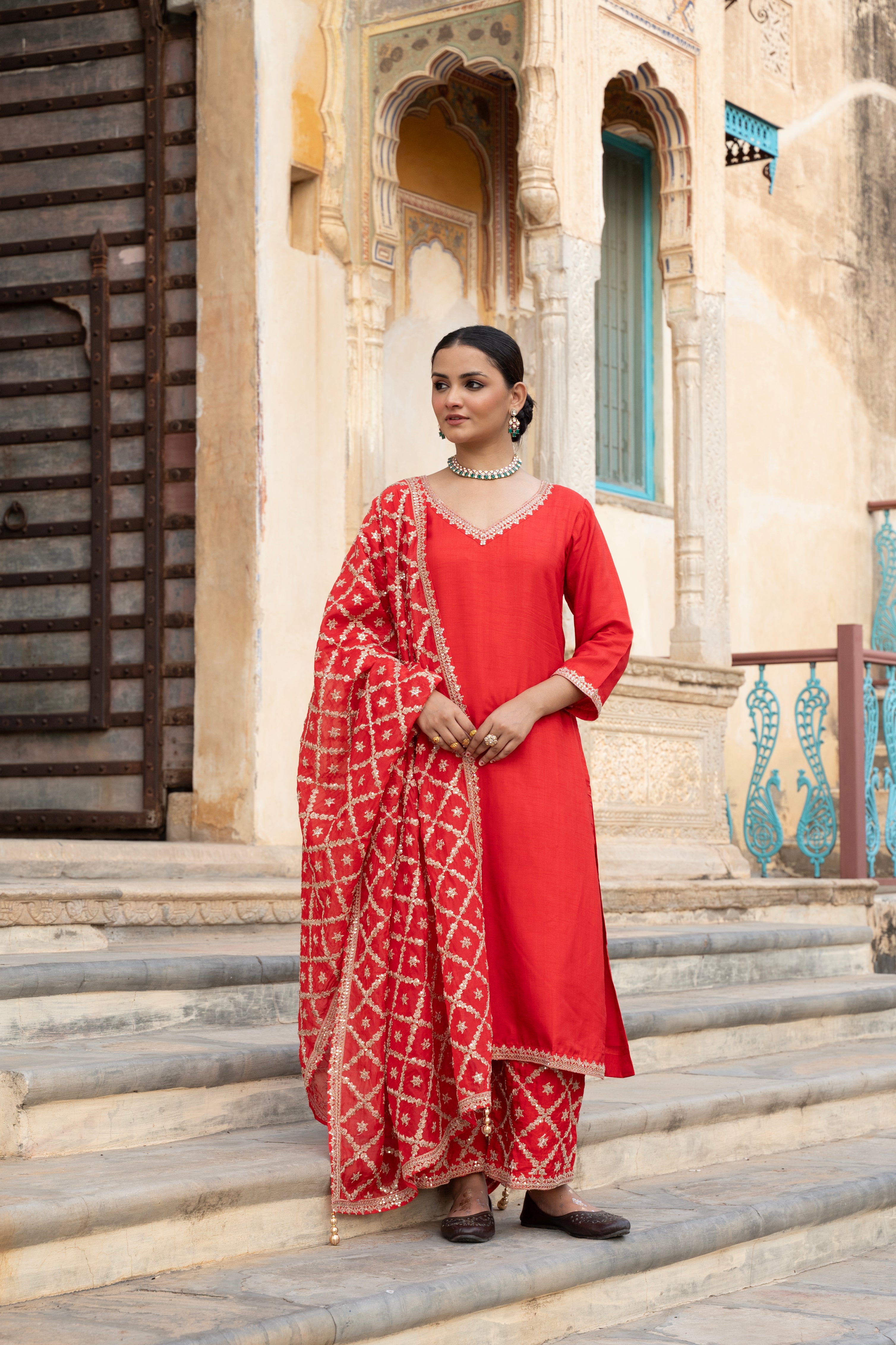 Crimson Red Embellished Dola Silk Pant Set