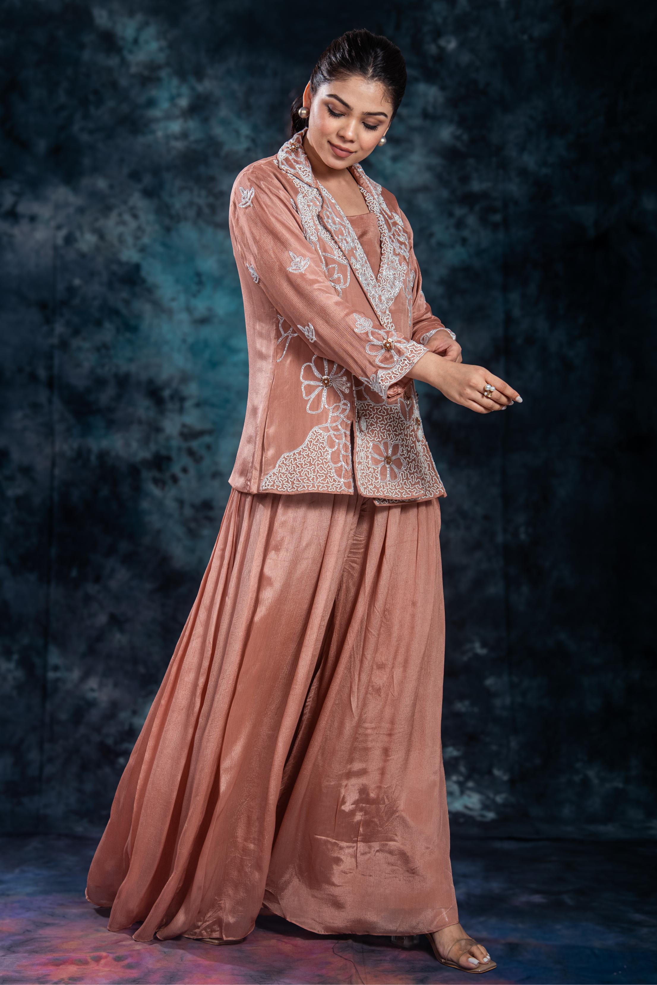 Vintage Orange Embroidered Jacket & Palazzo Set