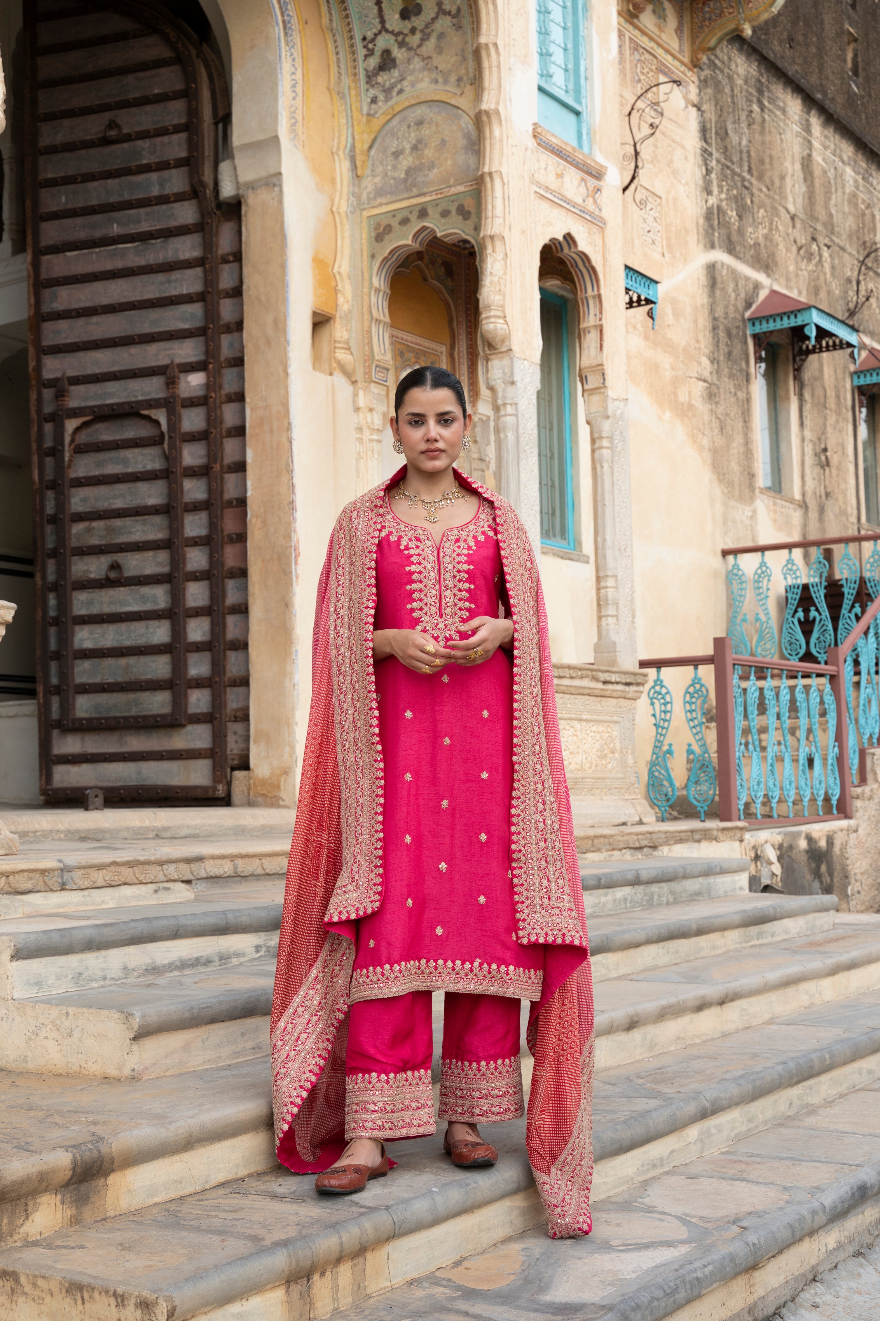 Pink Embellished Pure Dola Silk Pant Set