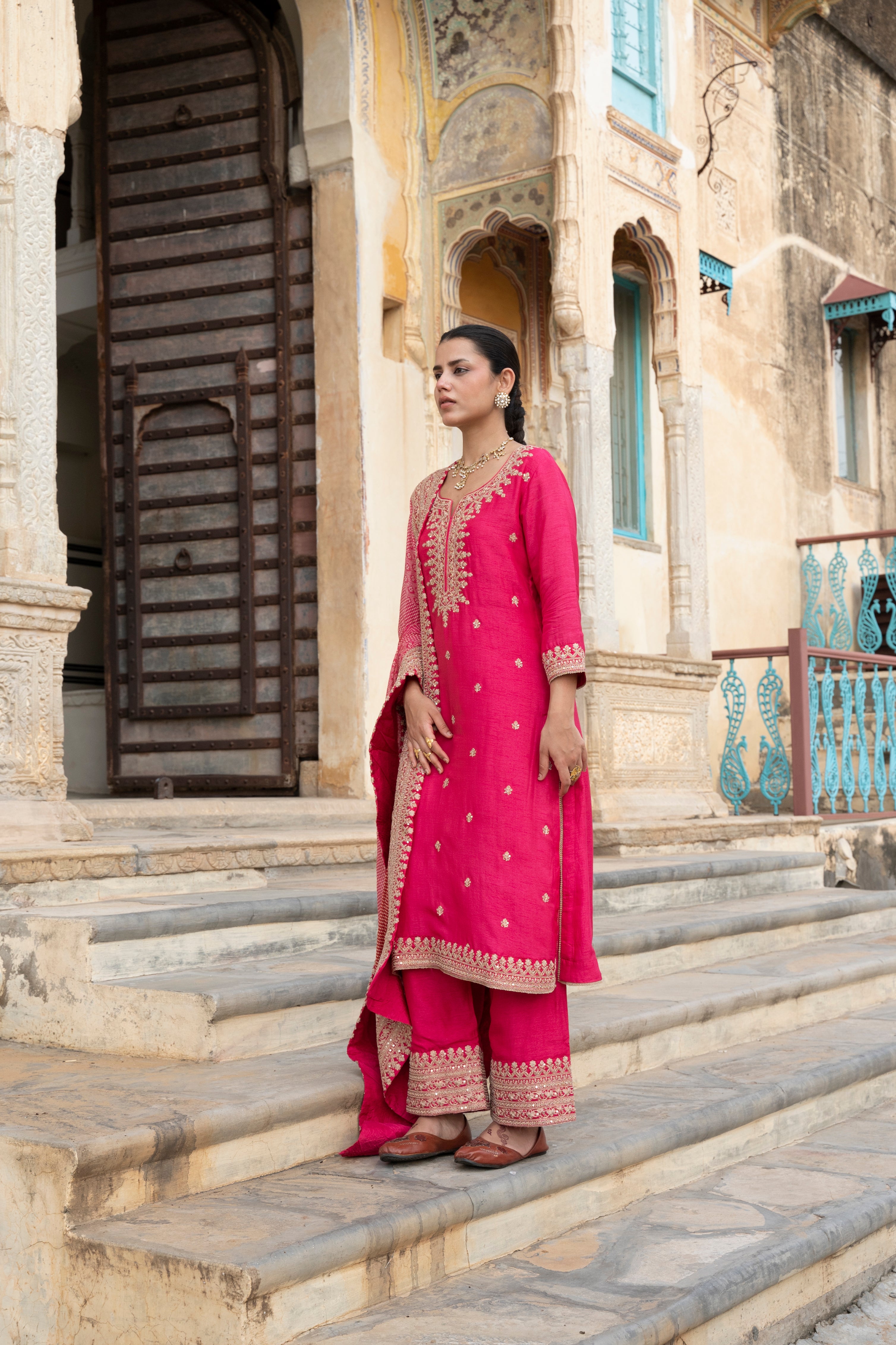 Pink Embellished Pure Dola Silk Pant Set