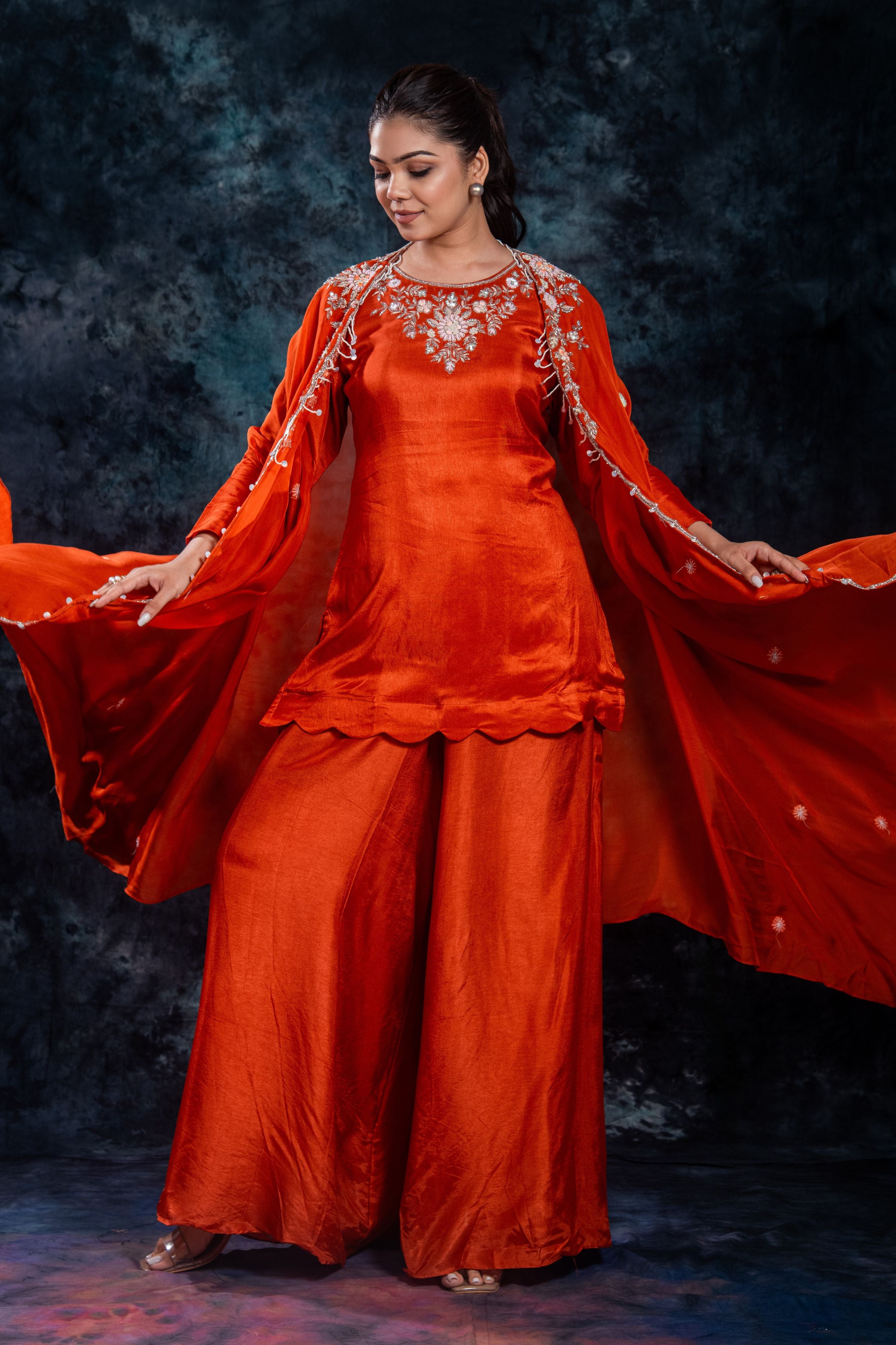 Orange Embellished Organza Silk Cape Set