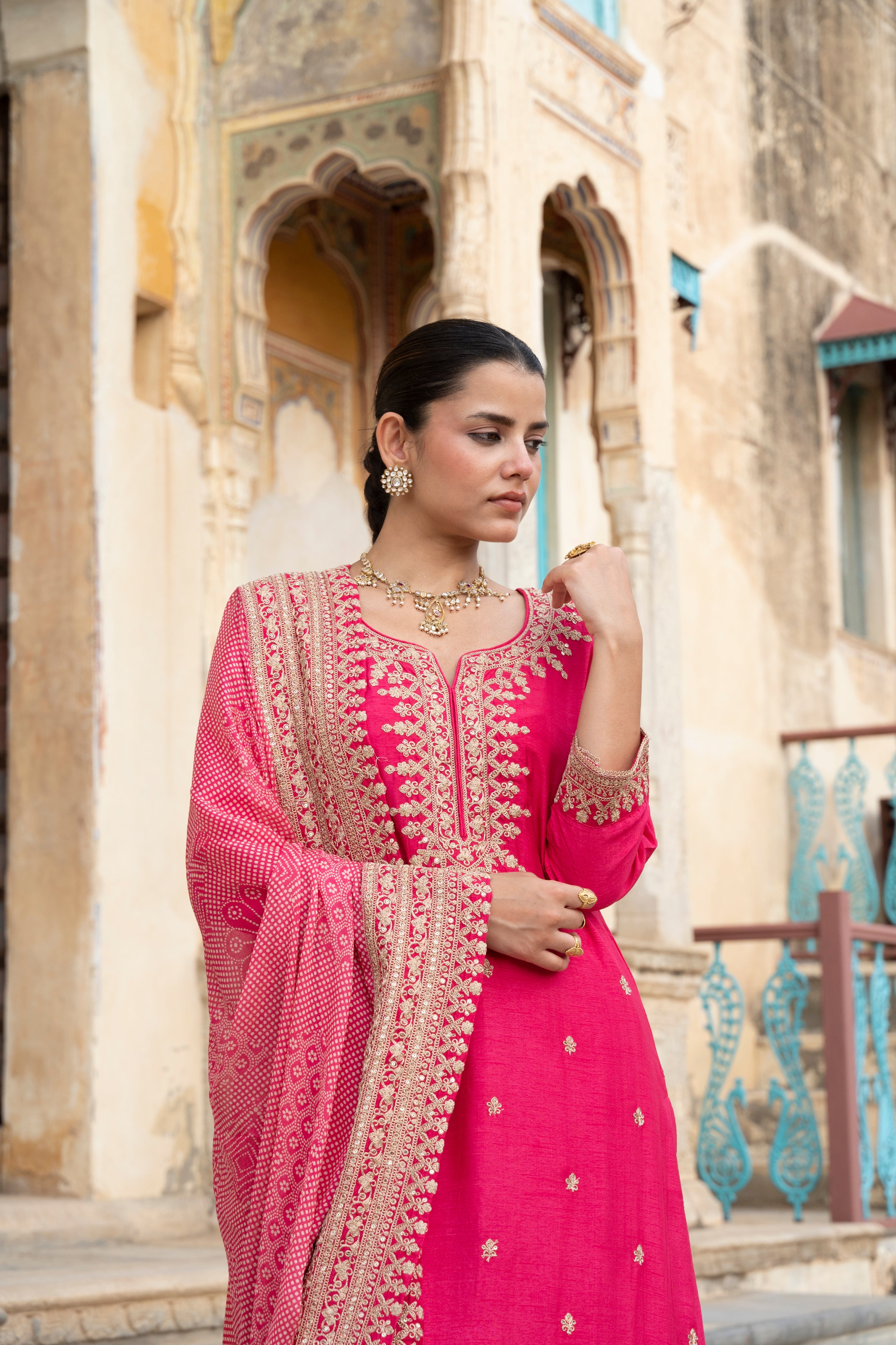 Pink Embellished Pure Dola Silk Pant Set