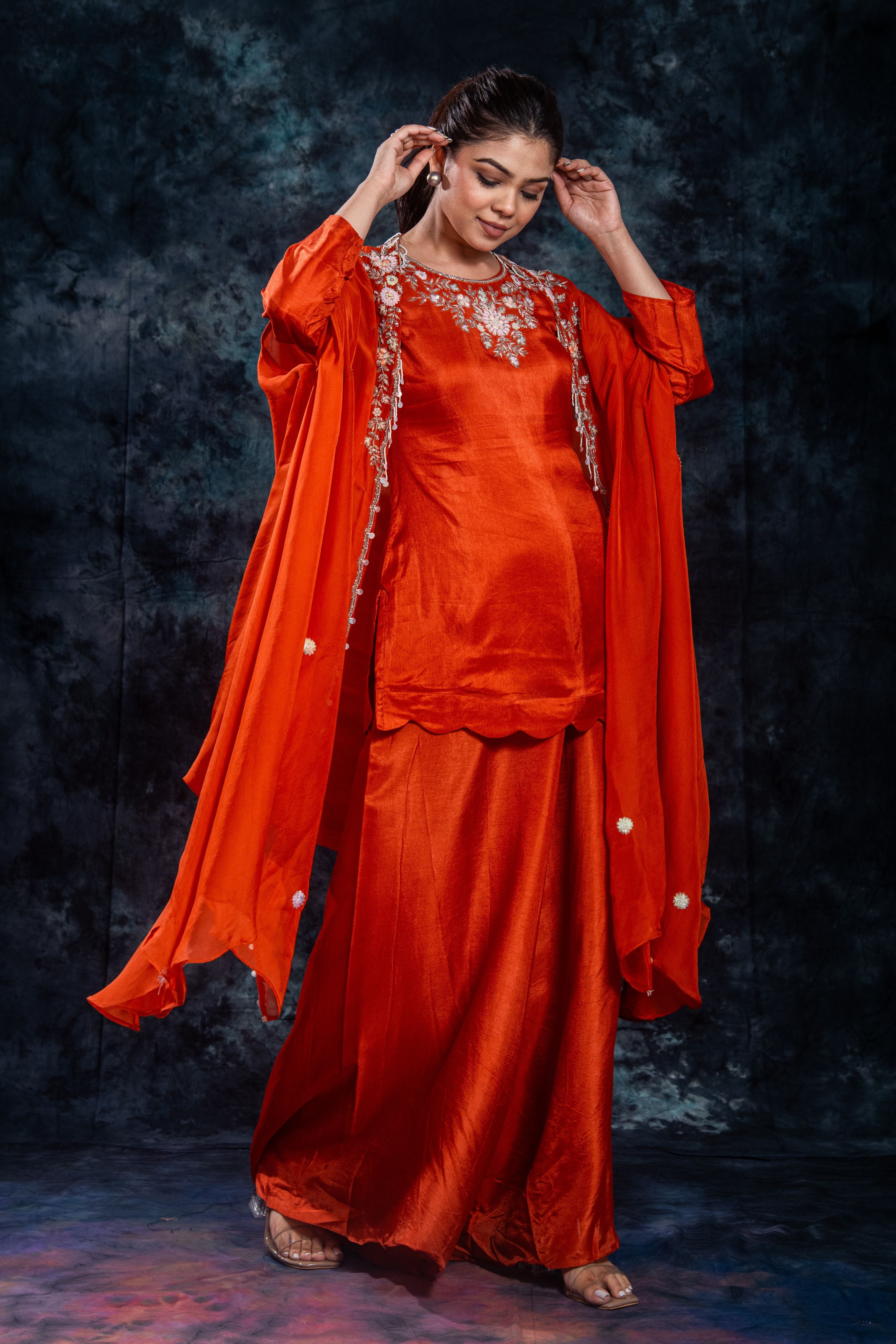 Orange Embellished Organza Silk Cape Set