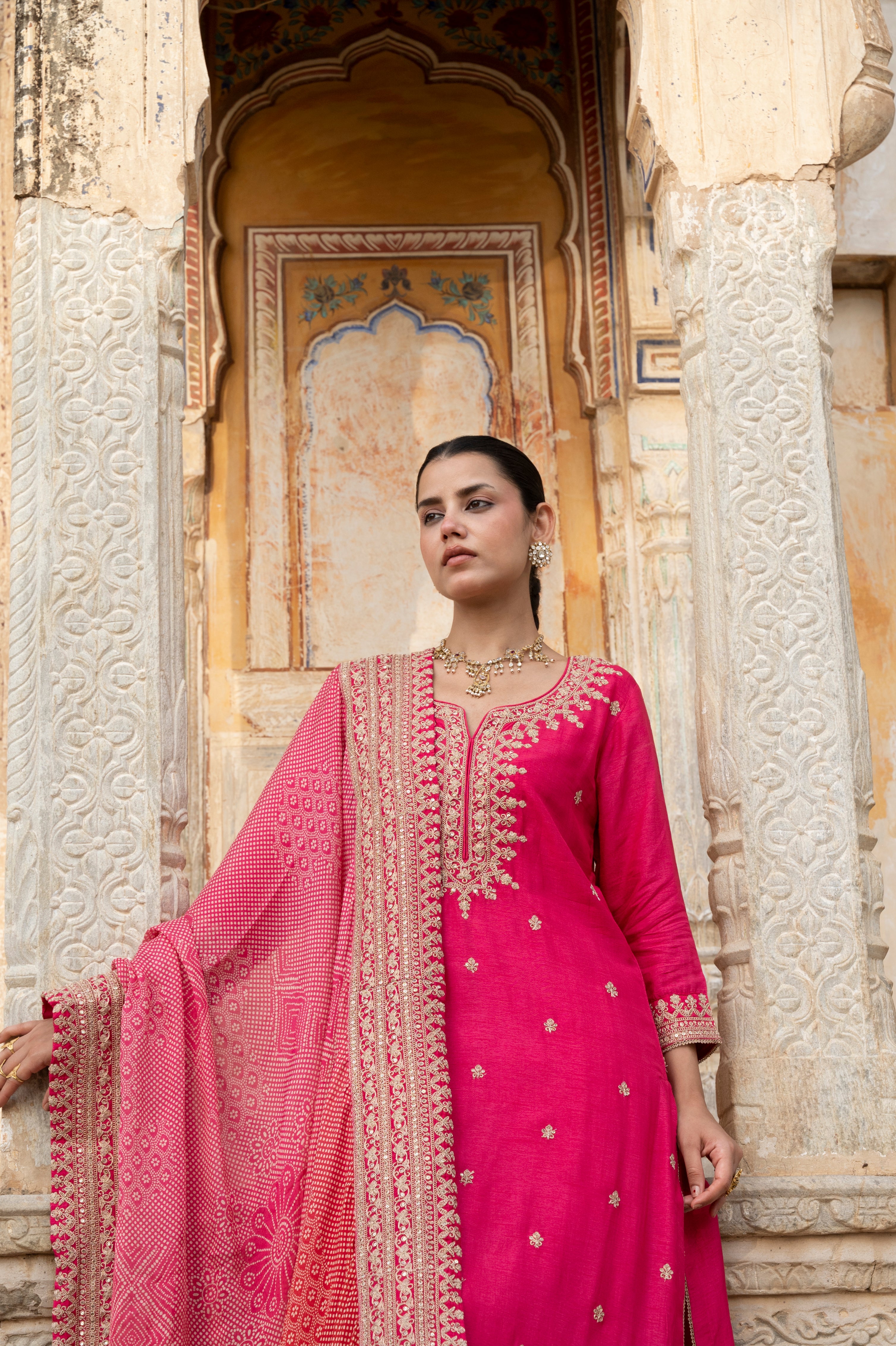 Pink Embellished Pure Dola Silk Pant Set
