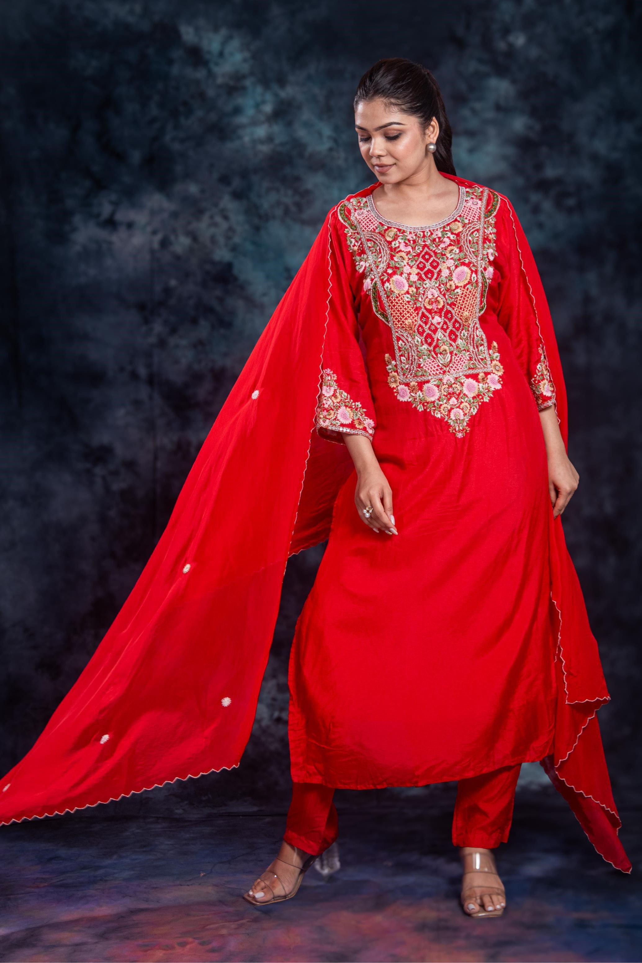 Red Embroidered Premium Silk Pants Set