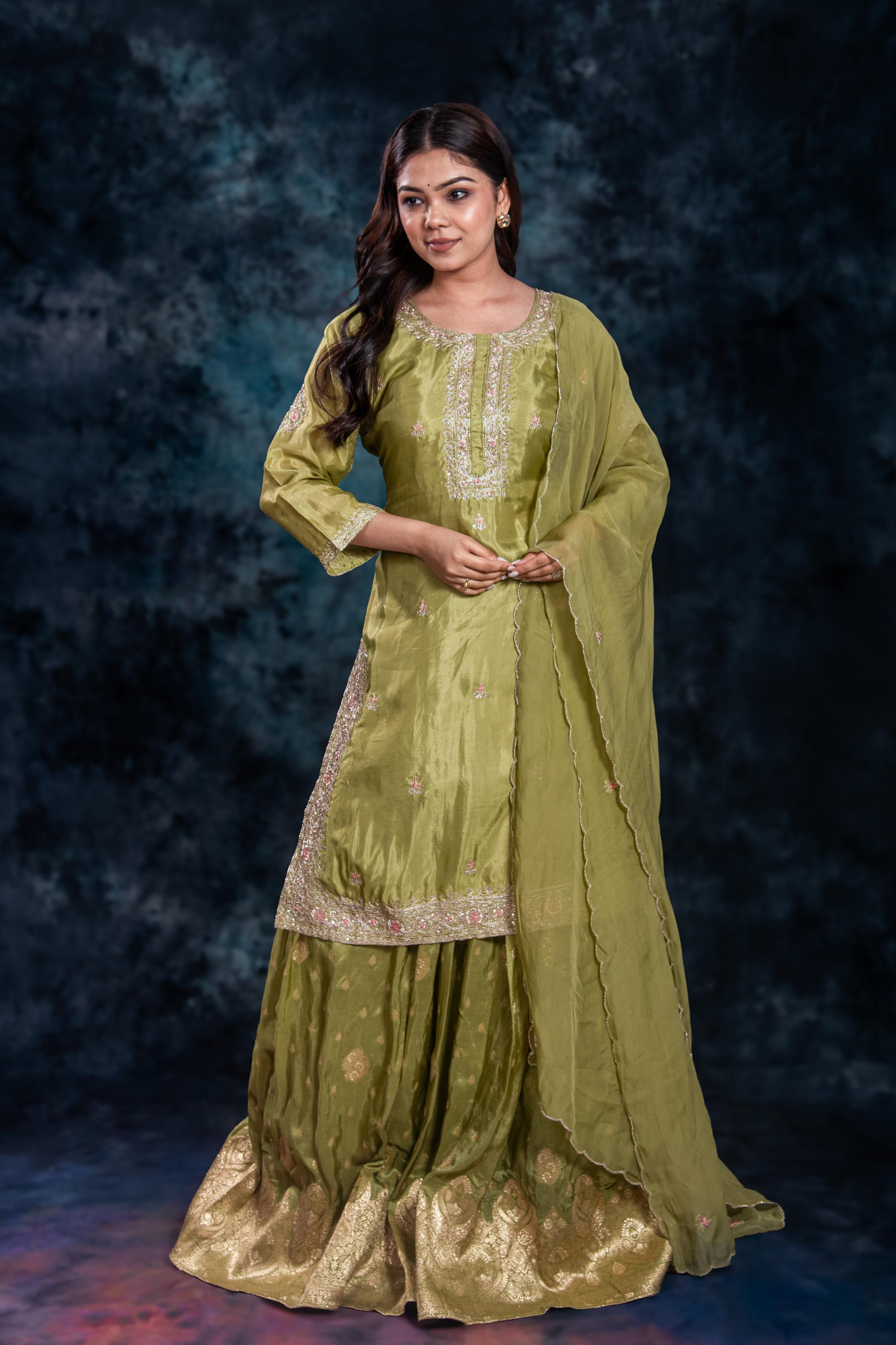 Green Embellished Premium Silk Skirt Set