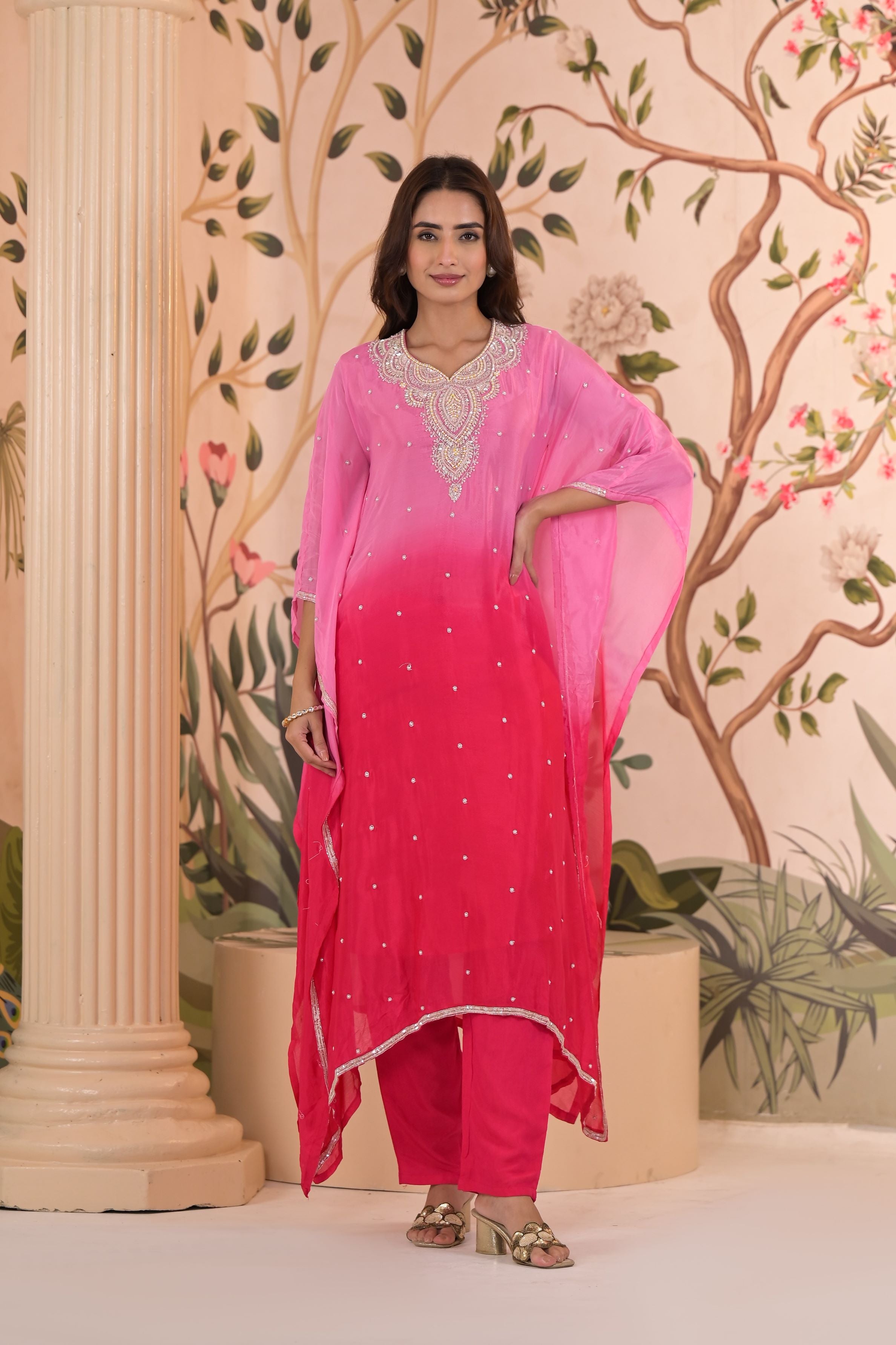 Pink Ombre-Dyed Chinon Silk Kaftan Set