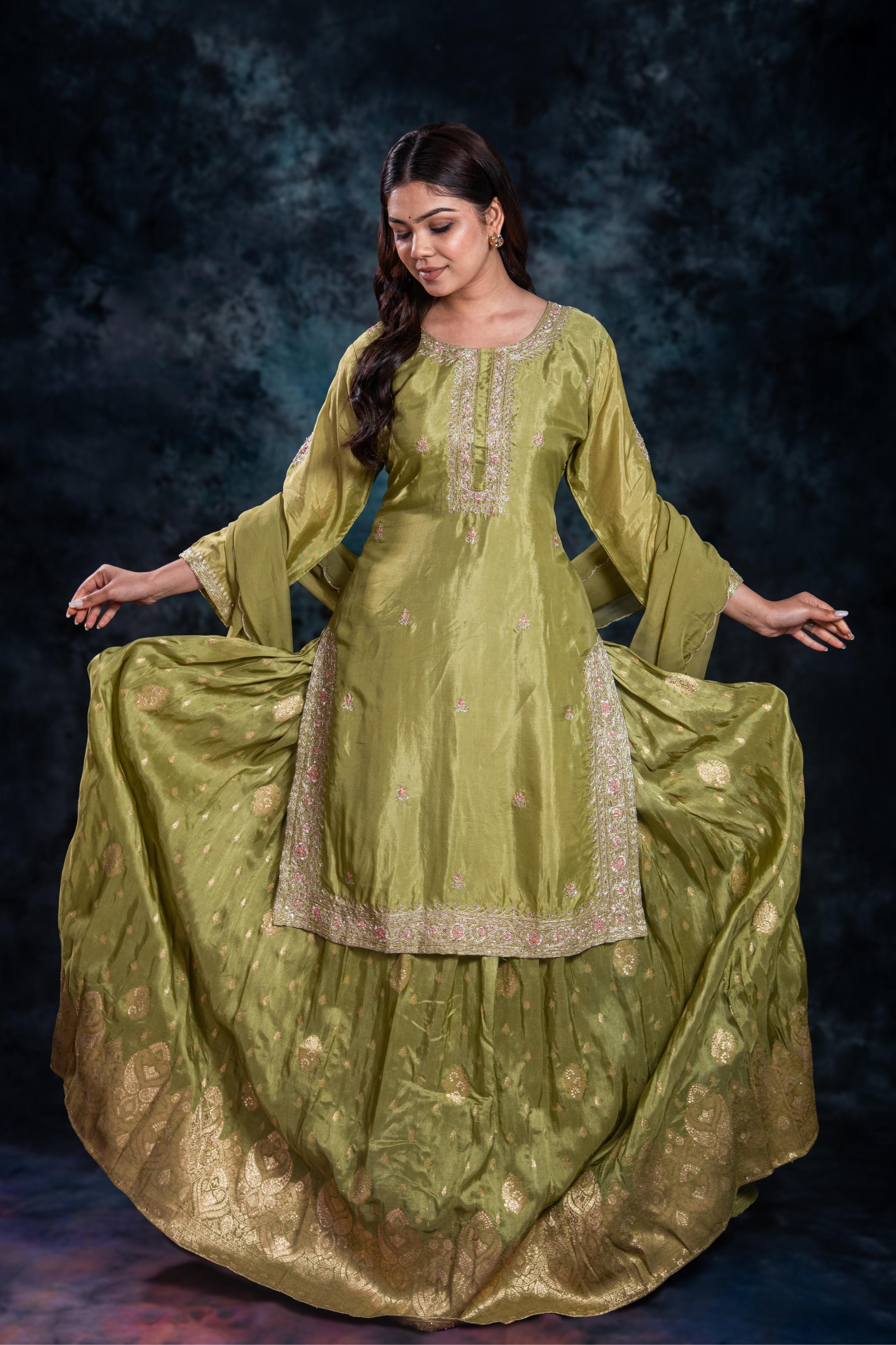 Green Embellished Premium Silk Skirt Set