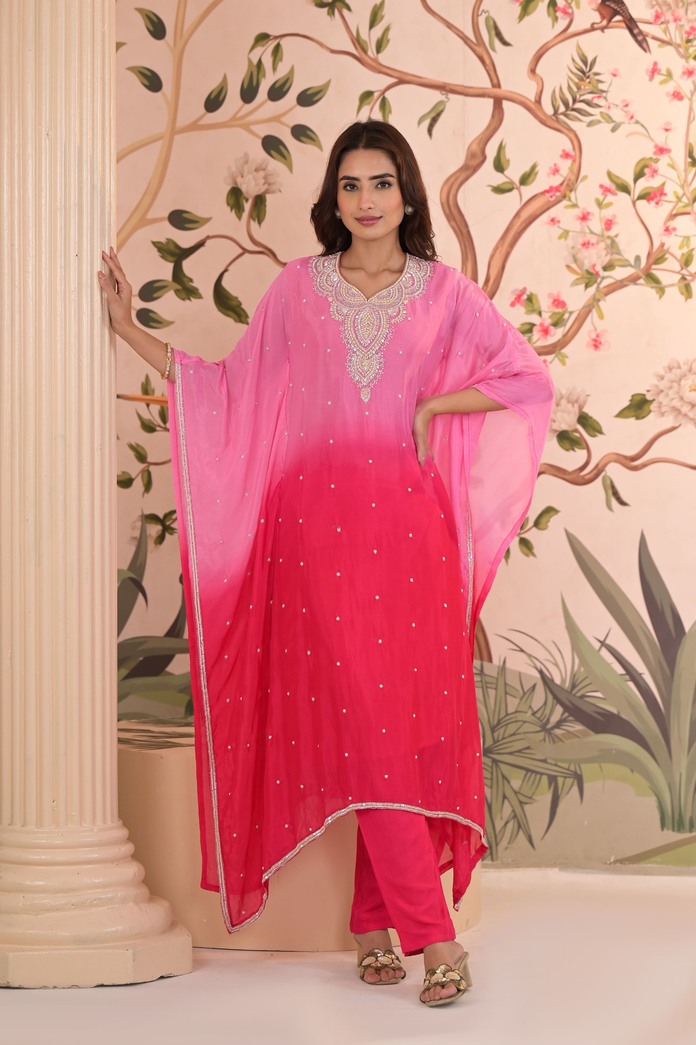 Pink Ombre-Dyed Chinon Silk Kaftan Set