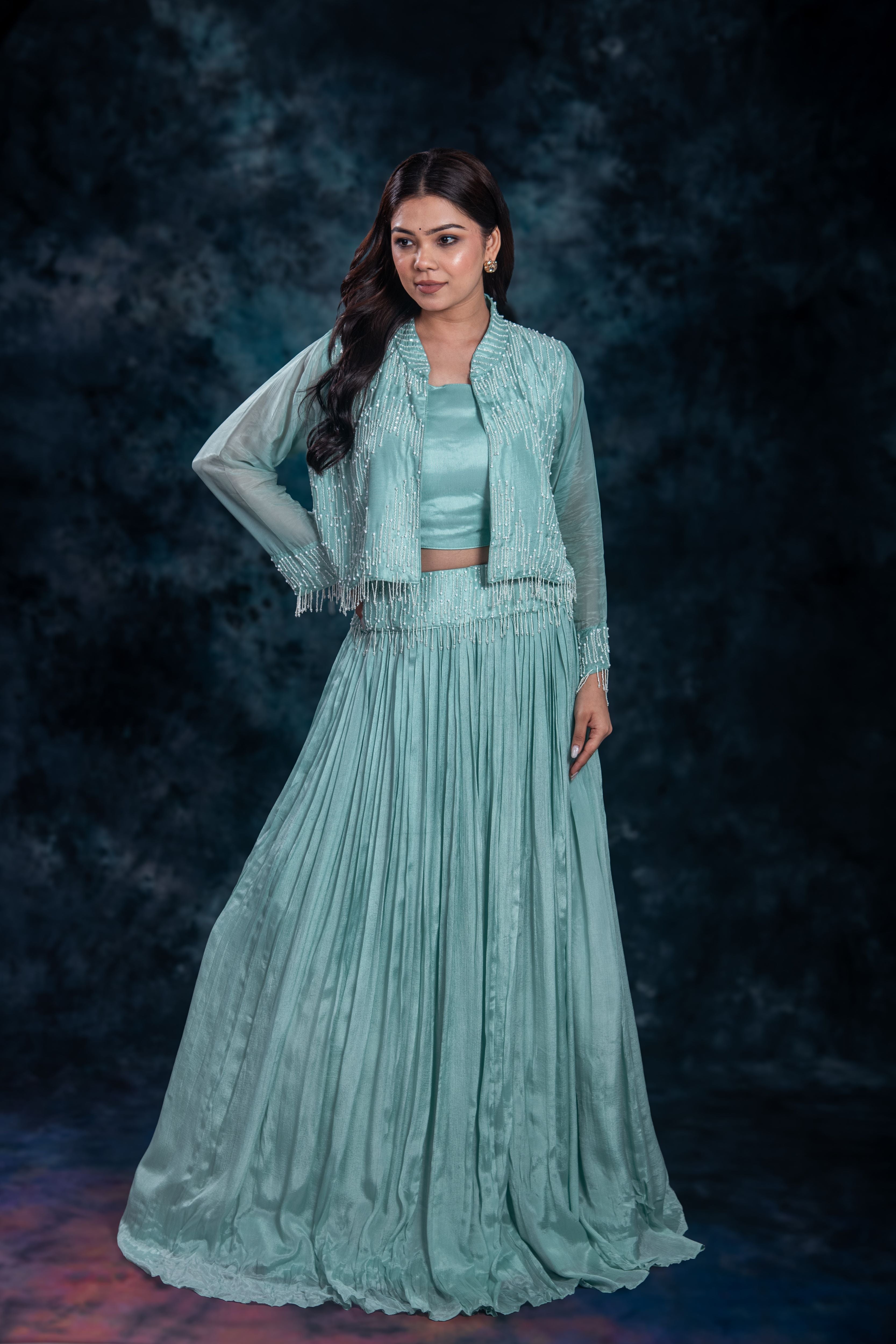 Dark Turquoise Embellished Chinon Silk Skirt Set