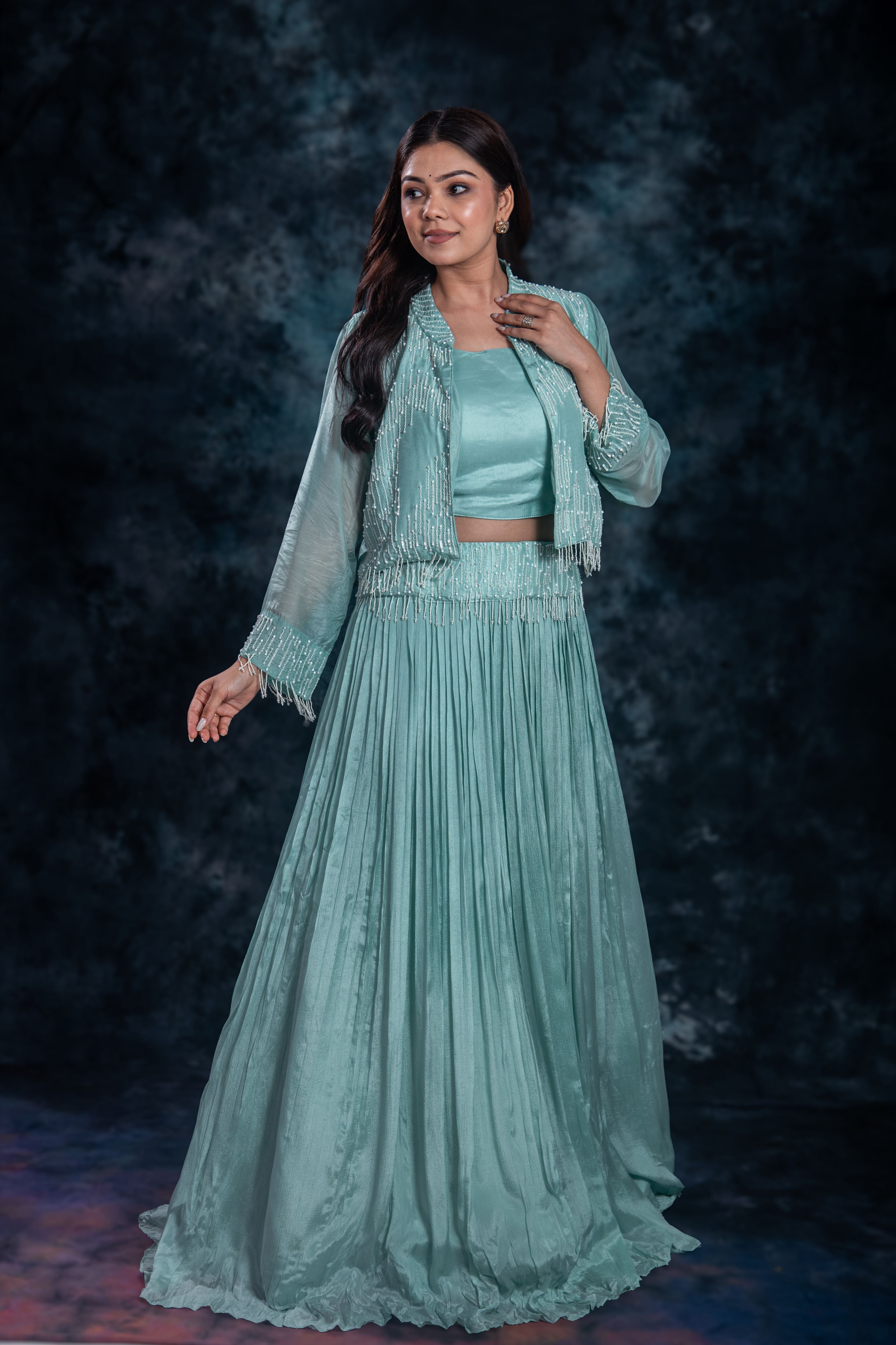 Dark Turquoise Embellished Chinon Silk Skirt Set