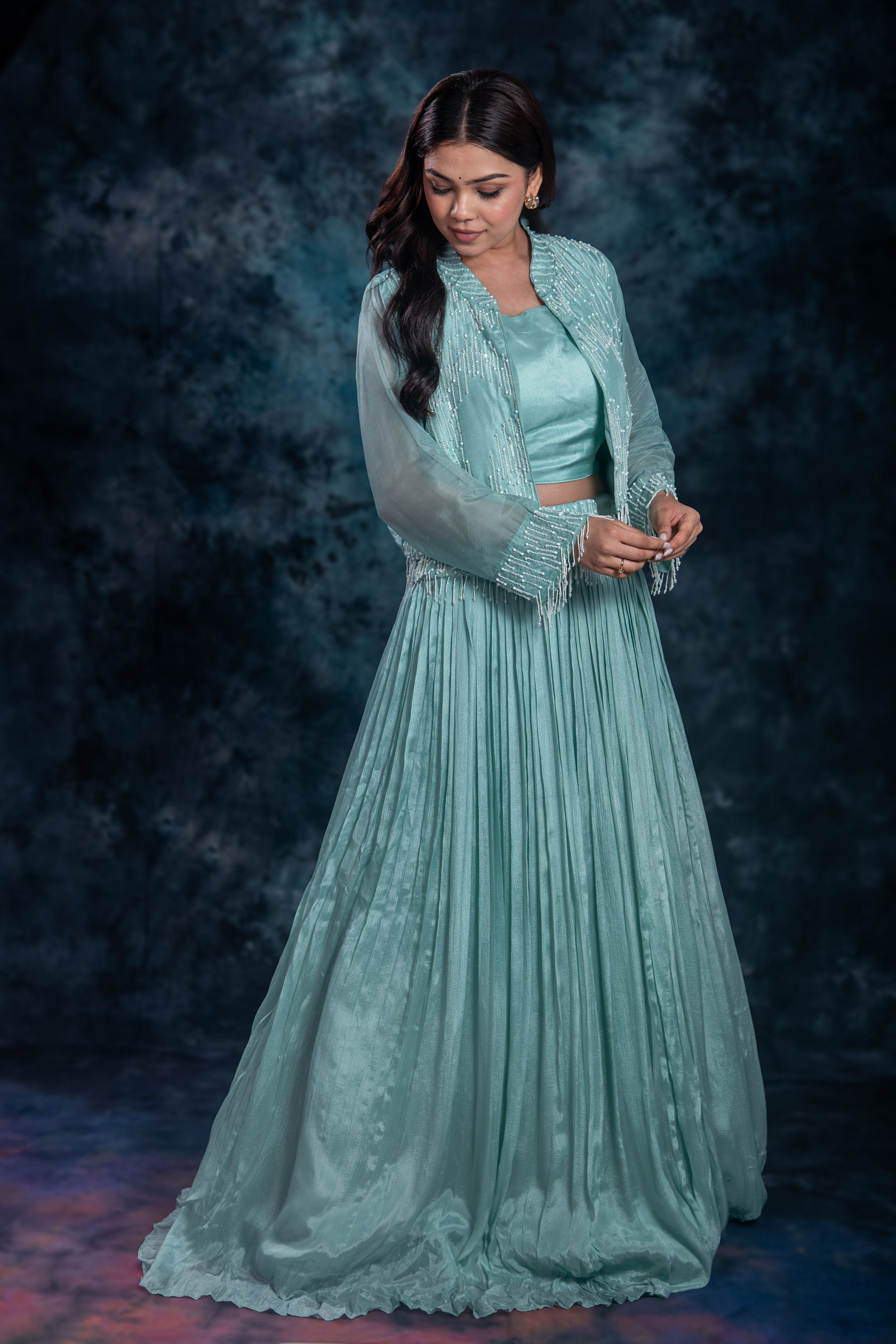 Dark Turquoise Embellished Chinon Silk Skirt Set