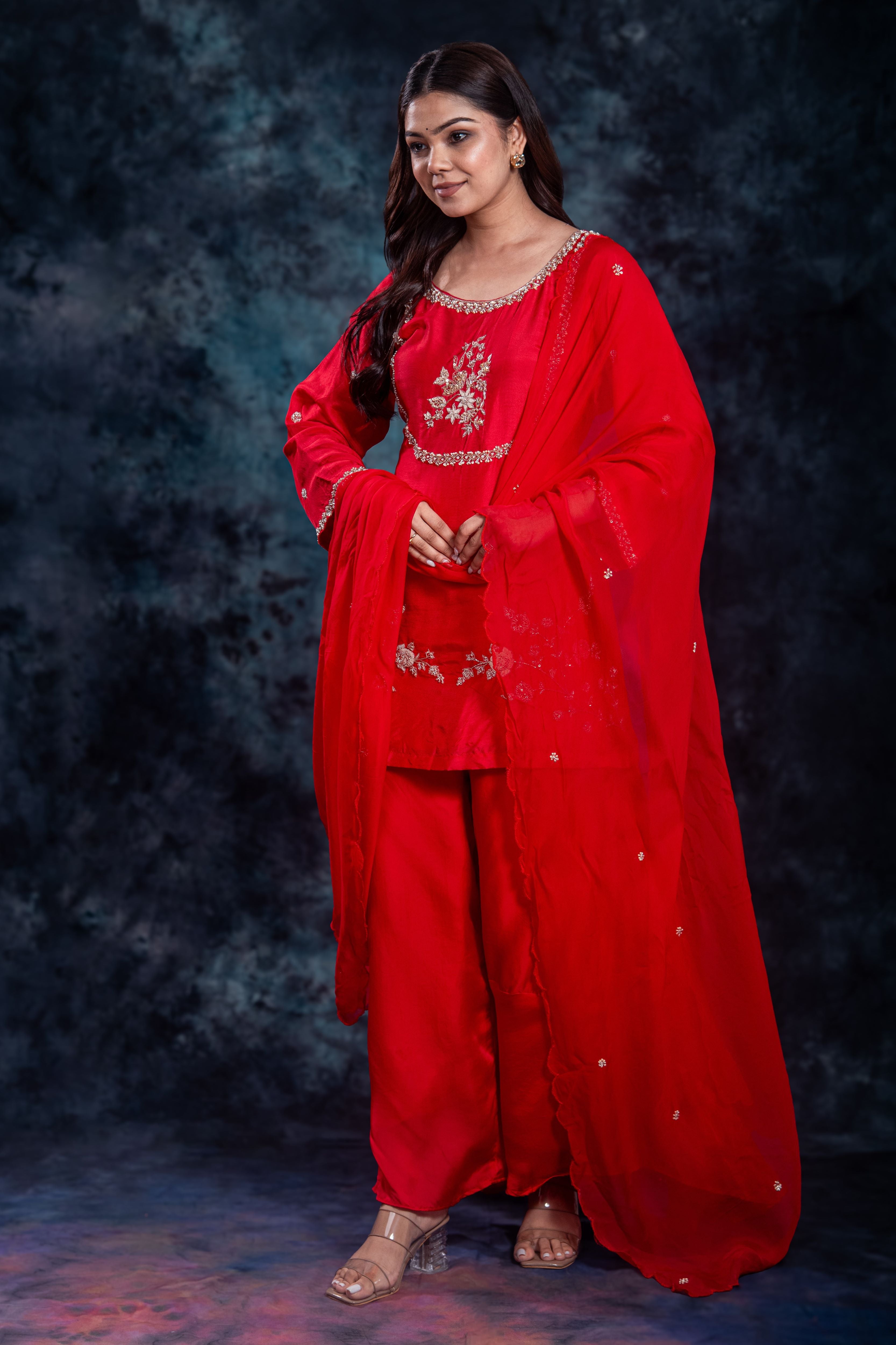 Red Embellished Premium Silk Palazzo Set