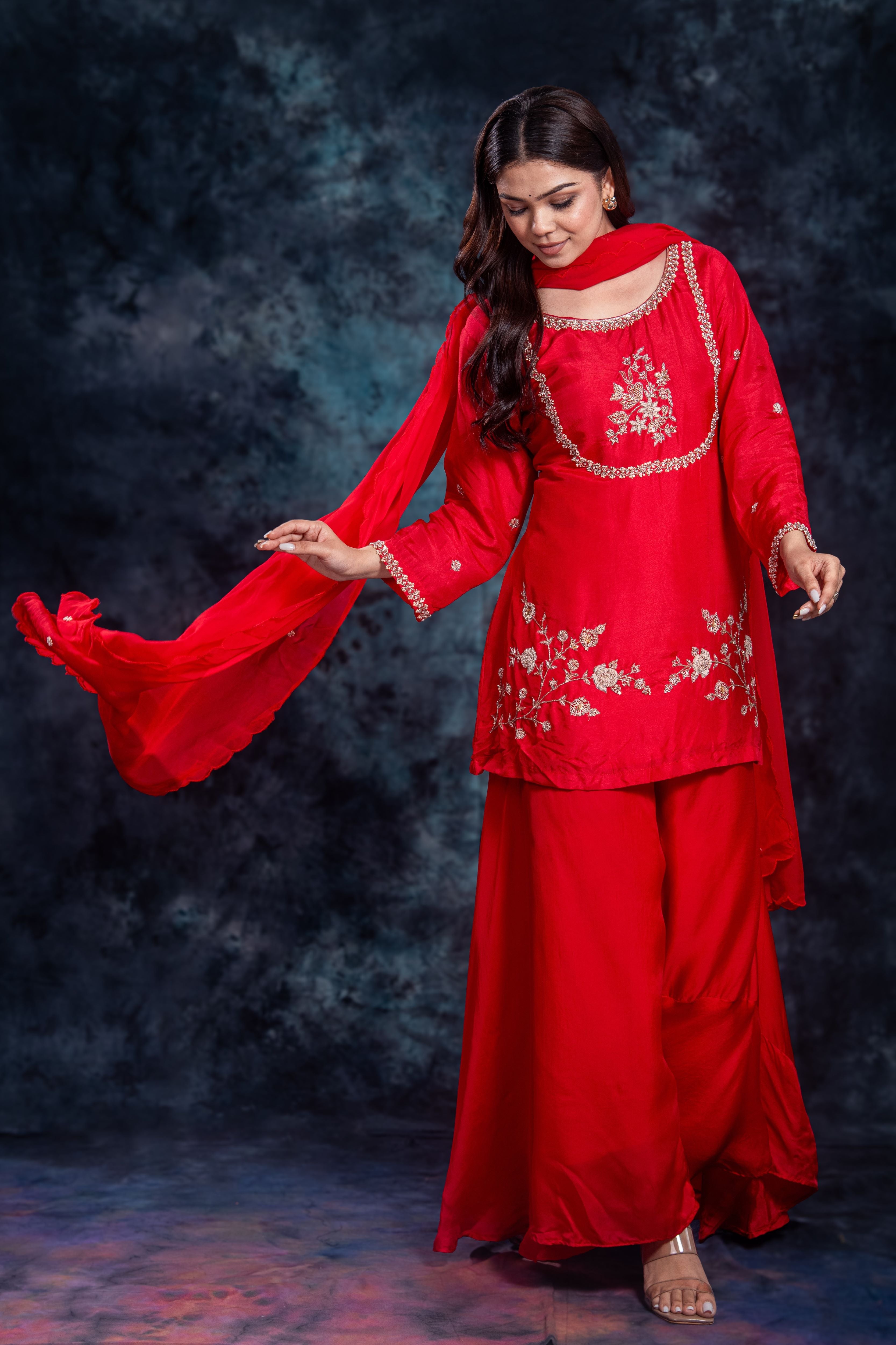 Red Embellished Premium Silk Palazzo Set