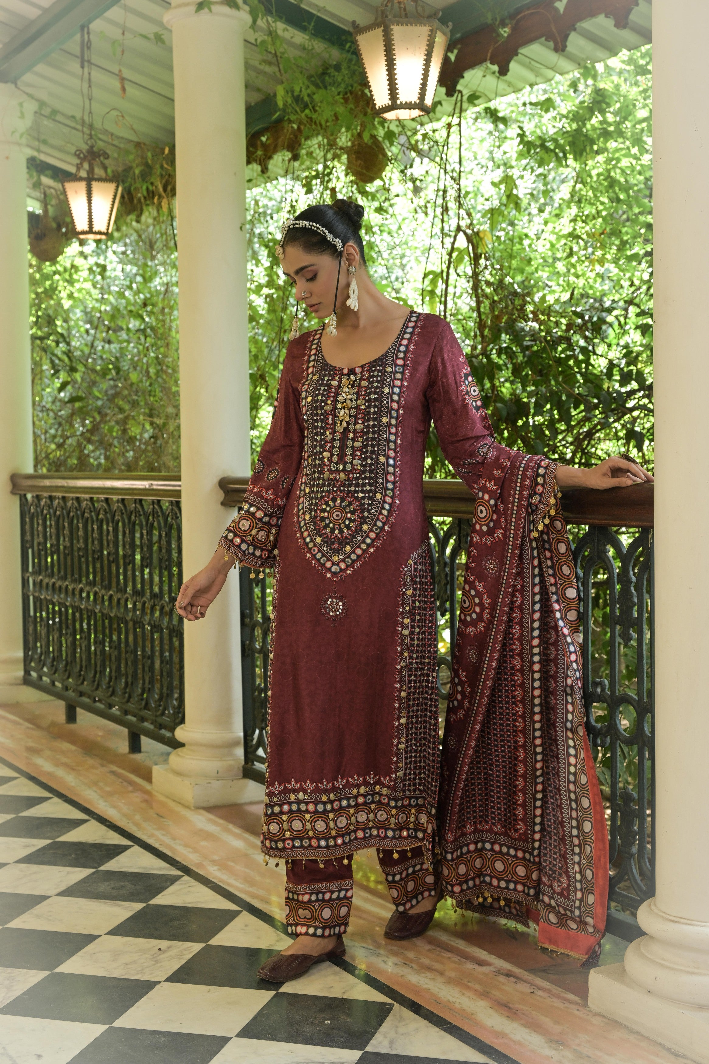 Deep Maroon Printed Crepe Silk Salwar Set