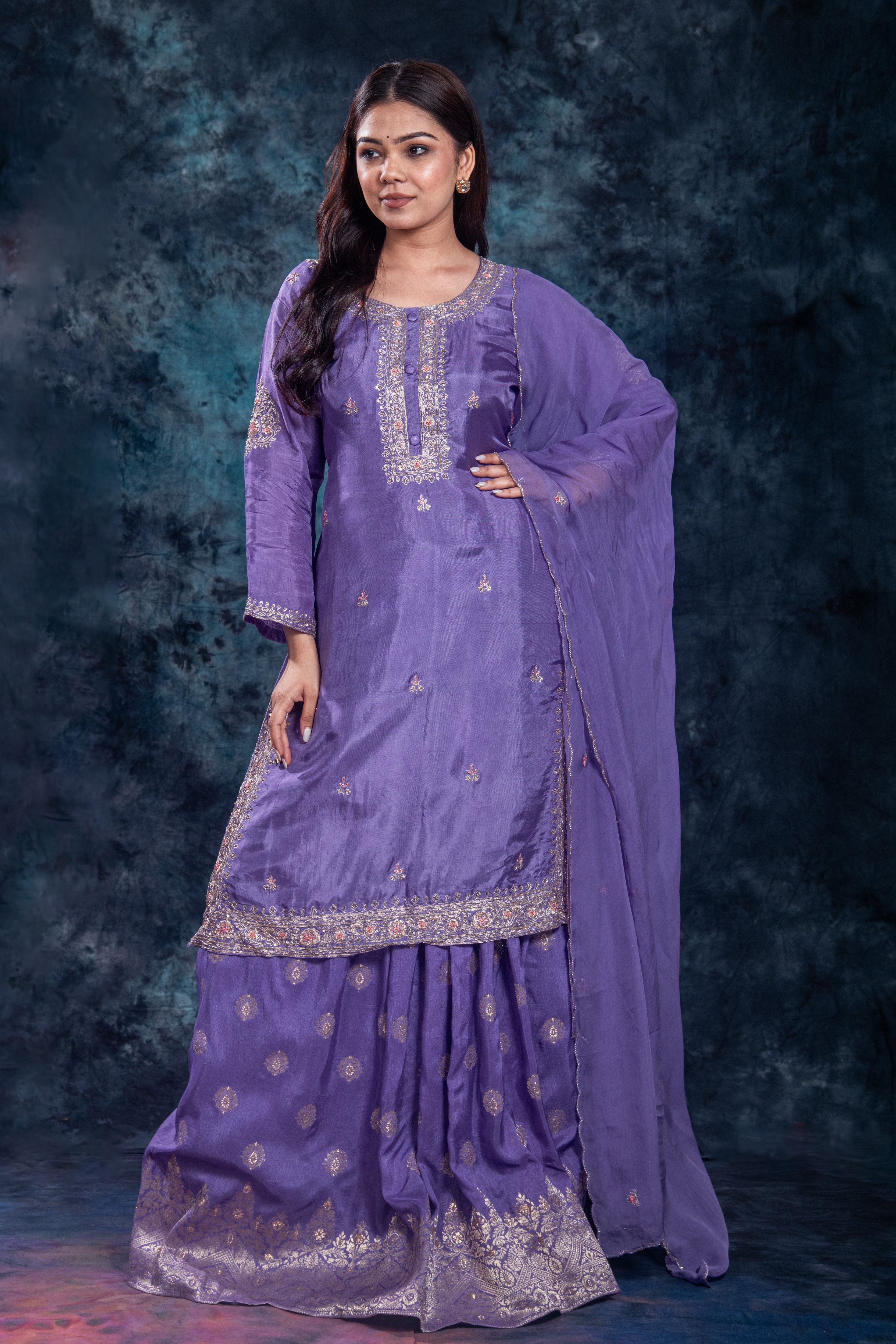 Purple Embellished Premium Silk Skirt Set