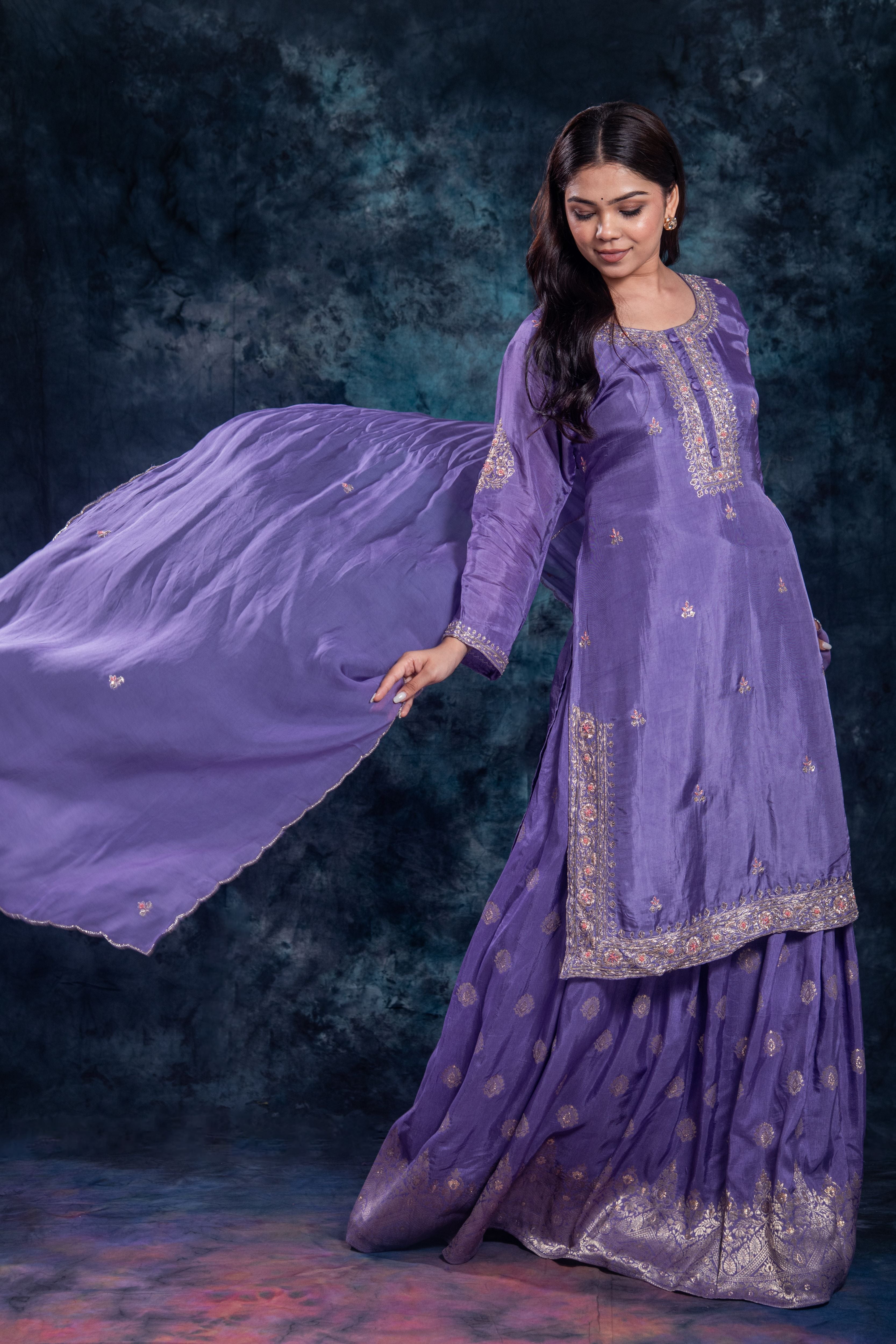 Purple Embellished Premium Silk Skirt Set