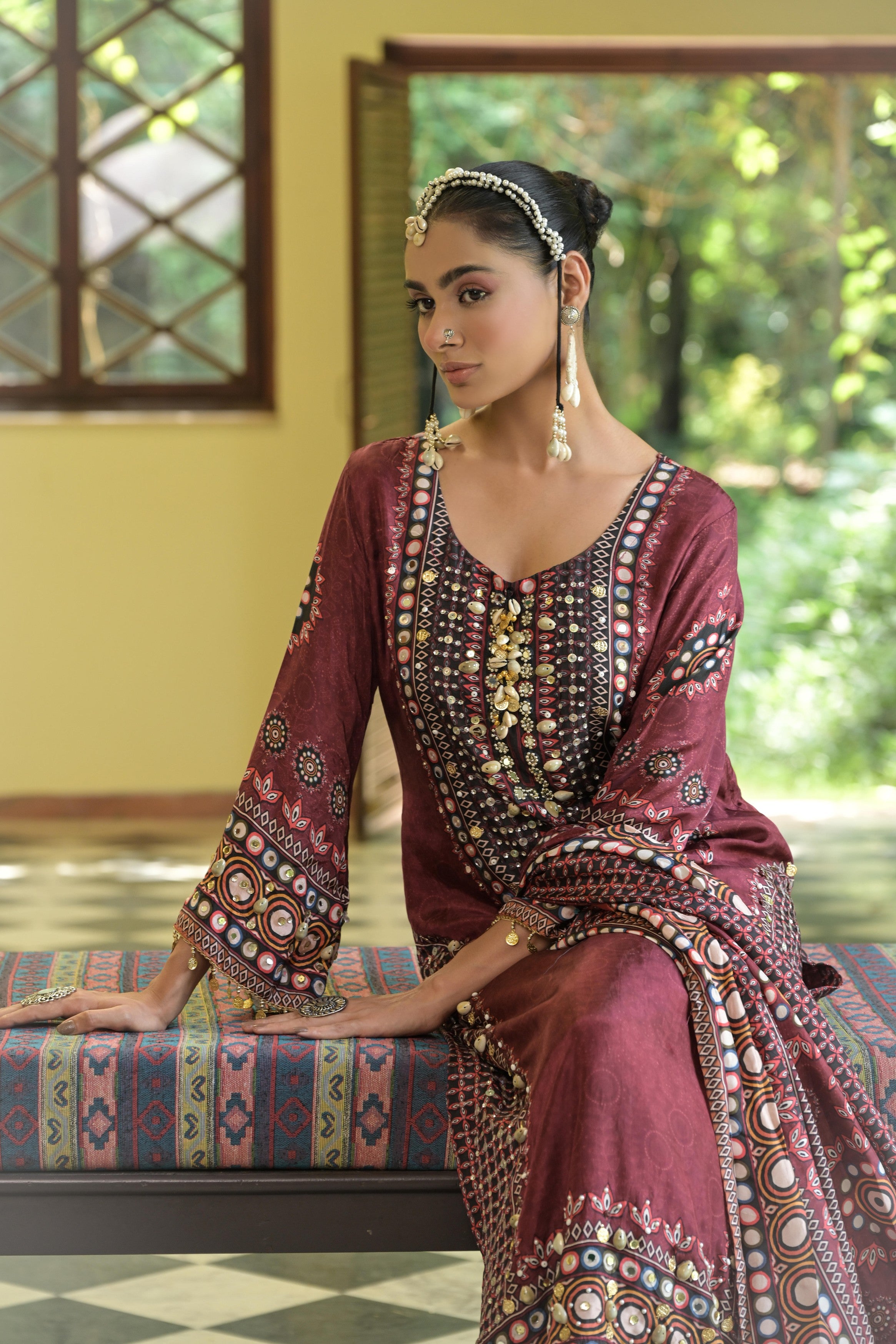 Deep Maroon Printed Crepe Silk Salwar Set