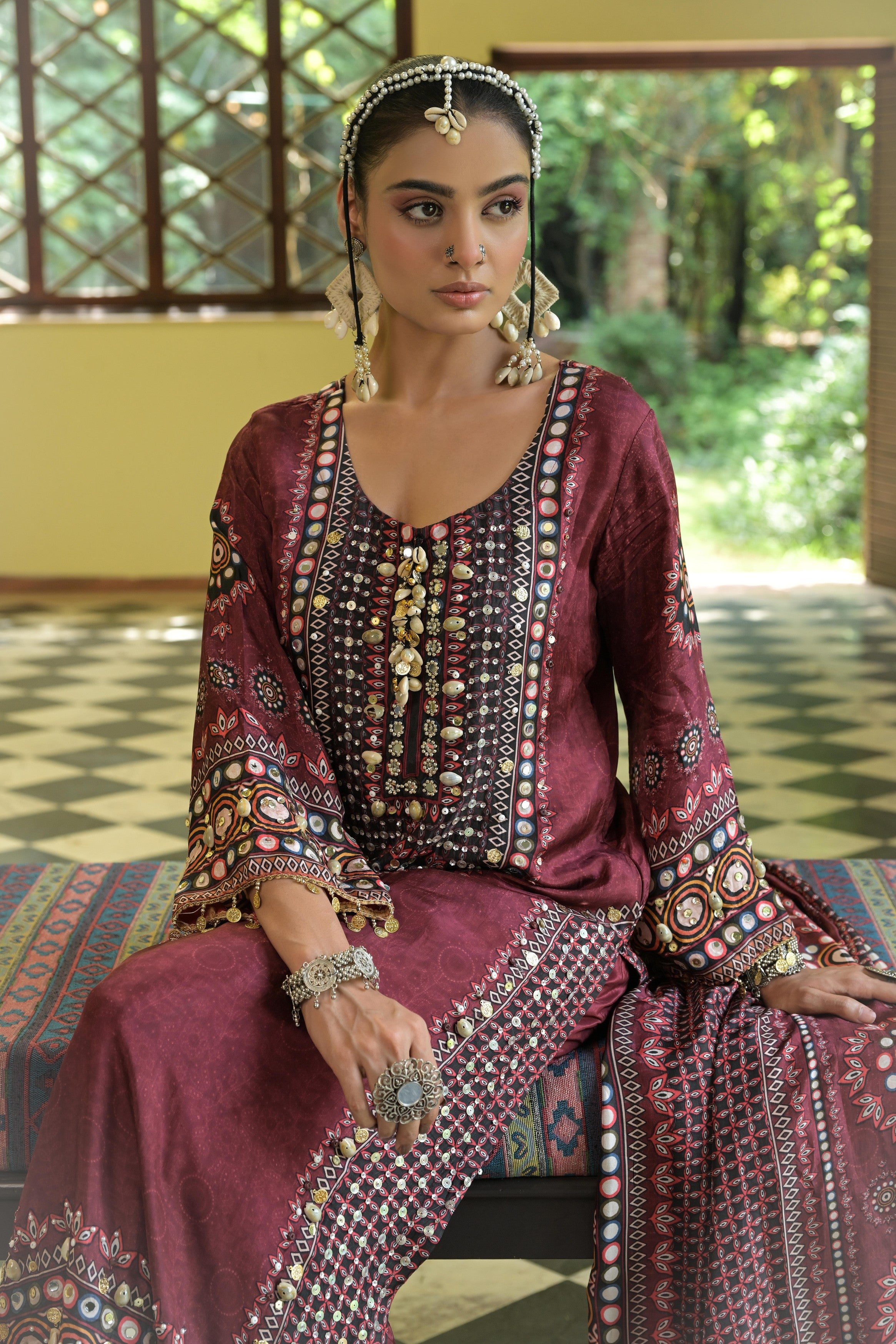 Deep Maroon Printed Crepe Silk Salwar Set