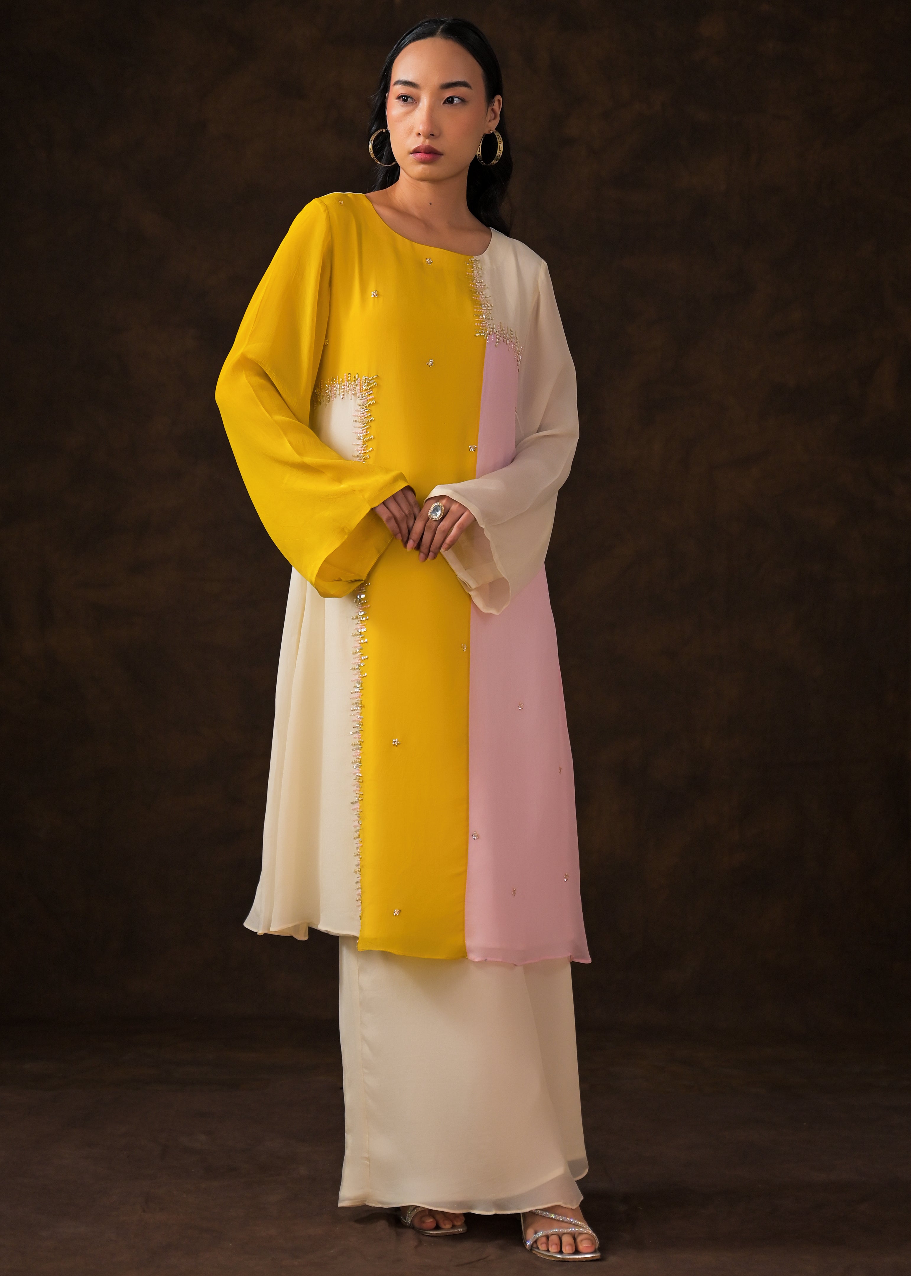 Soft Ivory Embellished Chinon Silk Palazzo Set