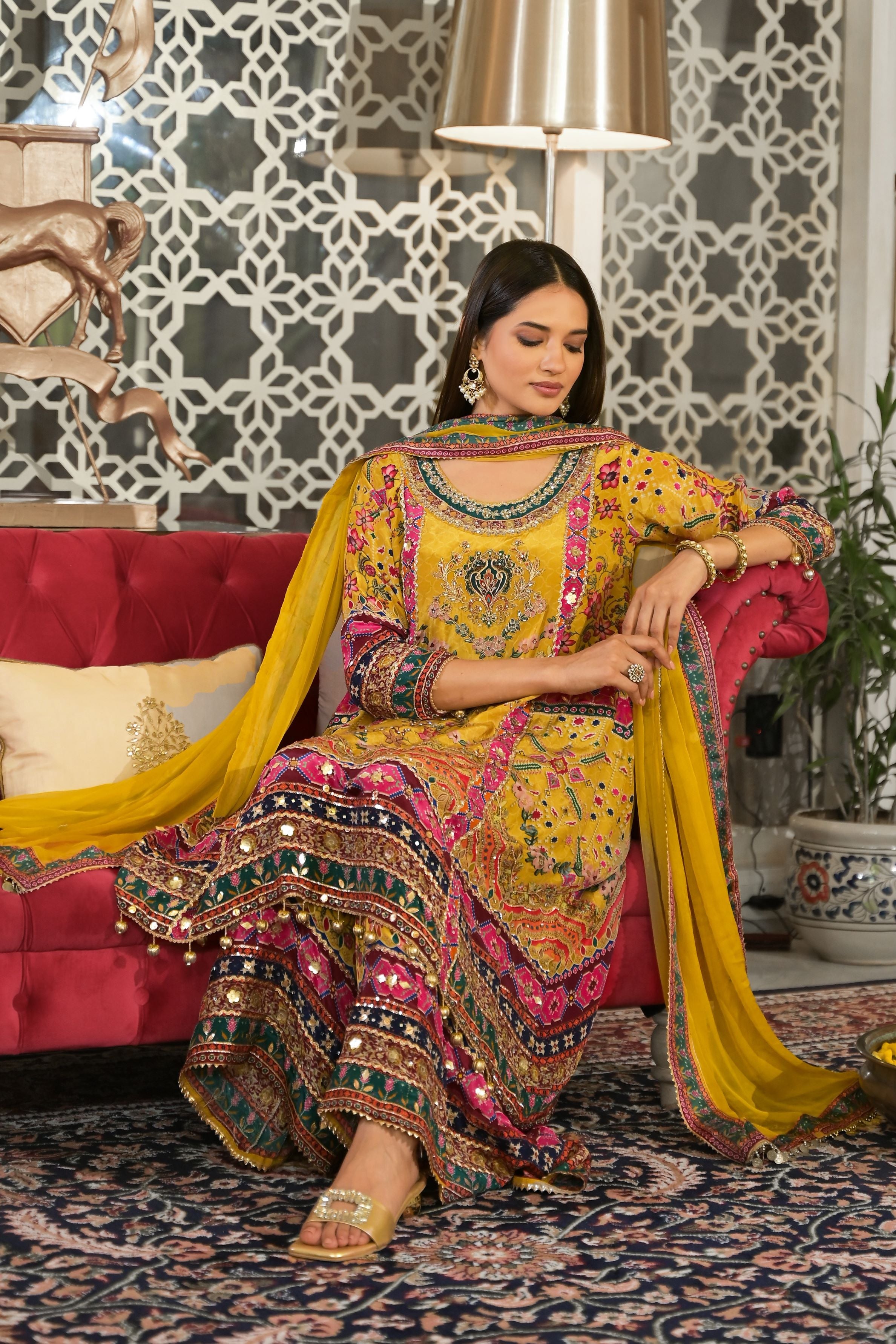 Mustard Ethnic Printed Crepe Silk Palazzo Set