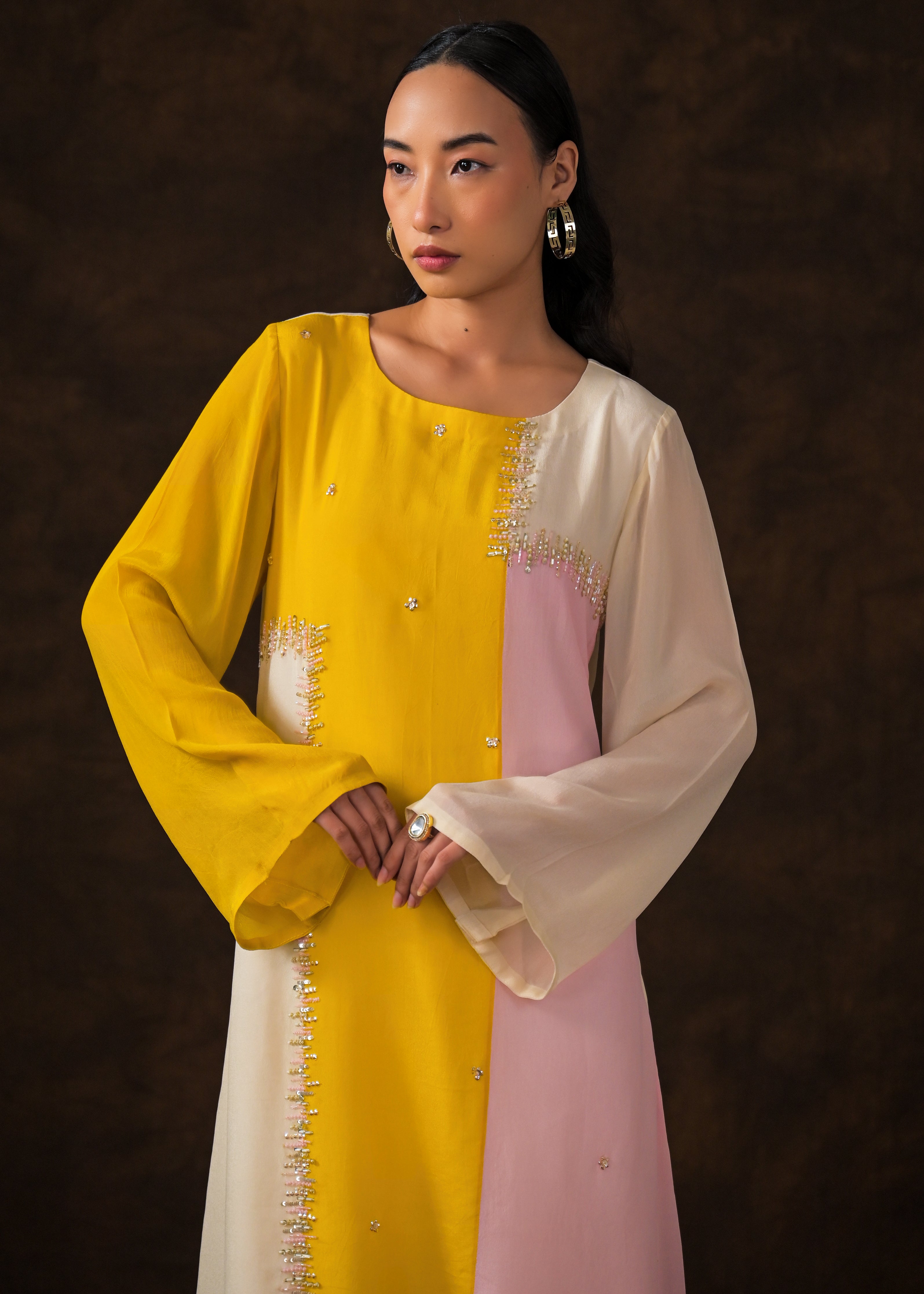 Soft Ivory Embellished Chinon Silk Palazzo Set