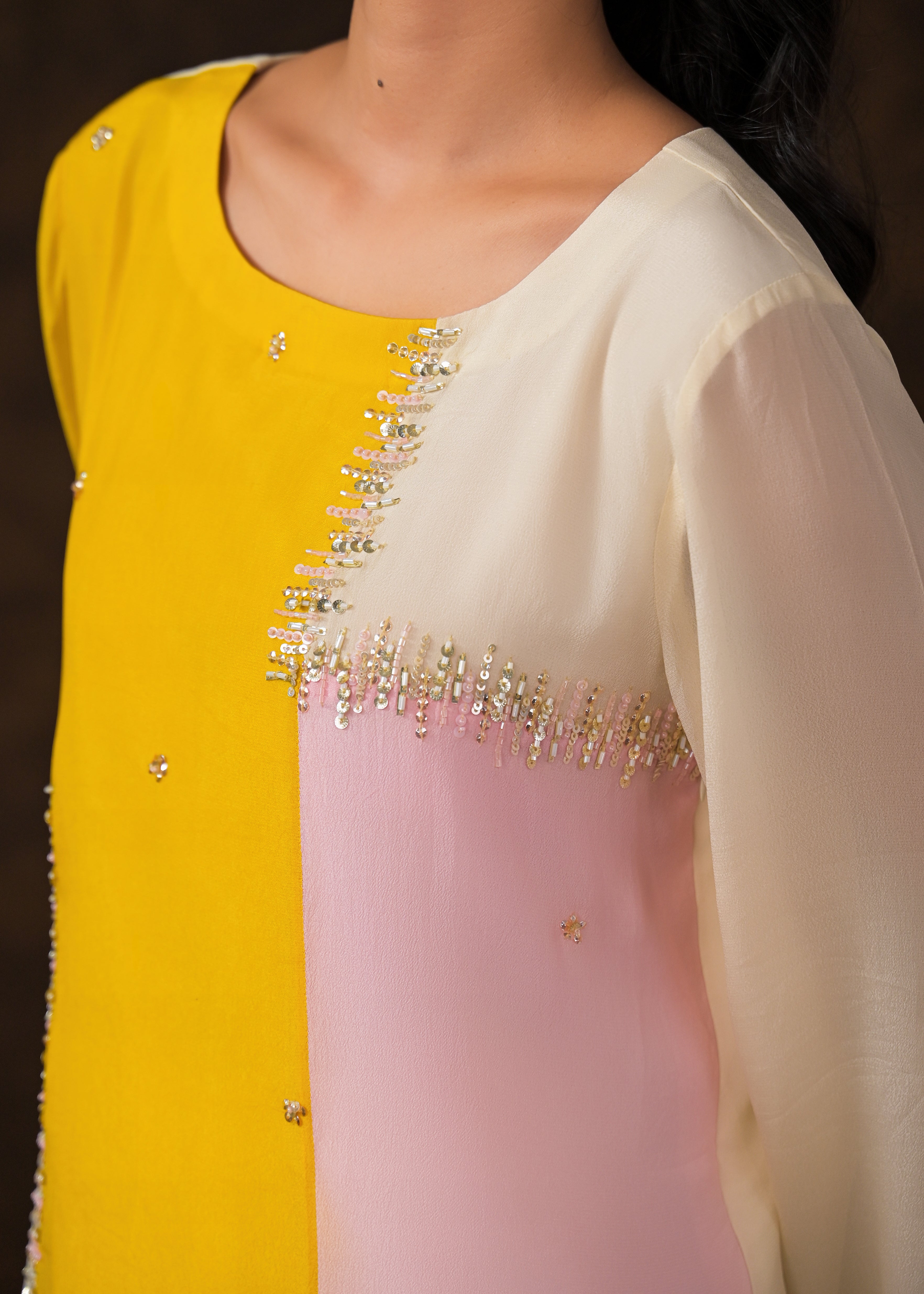 Soft Ivory Embellished Chinon Silk Palazzo Set