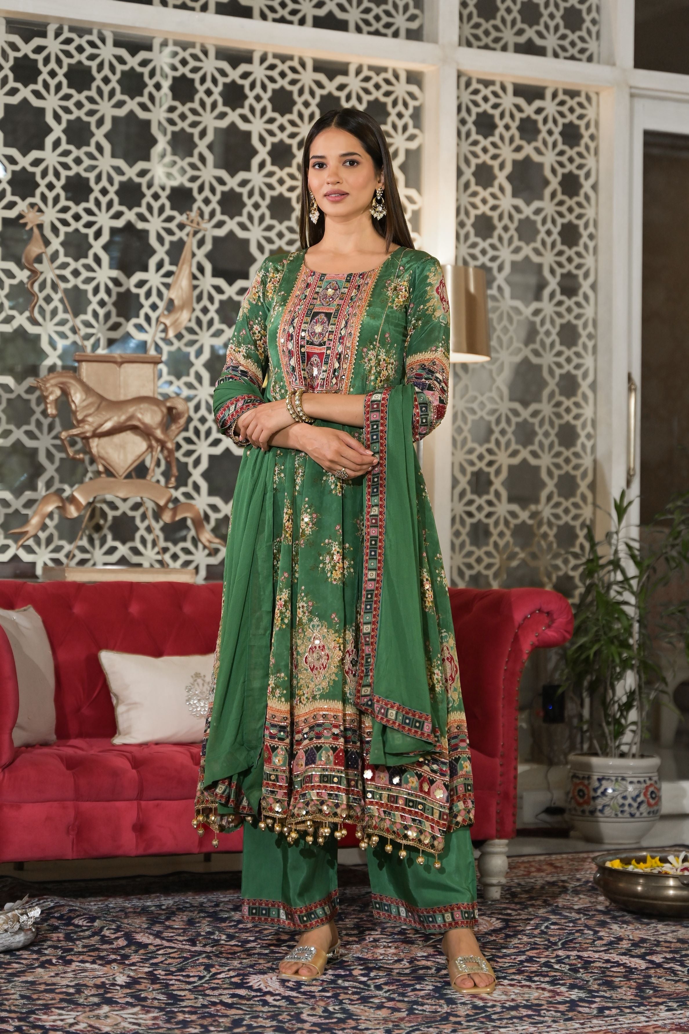 Green Printed Crepe Silk Anarkali Set