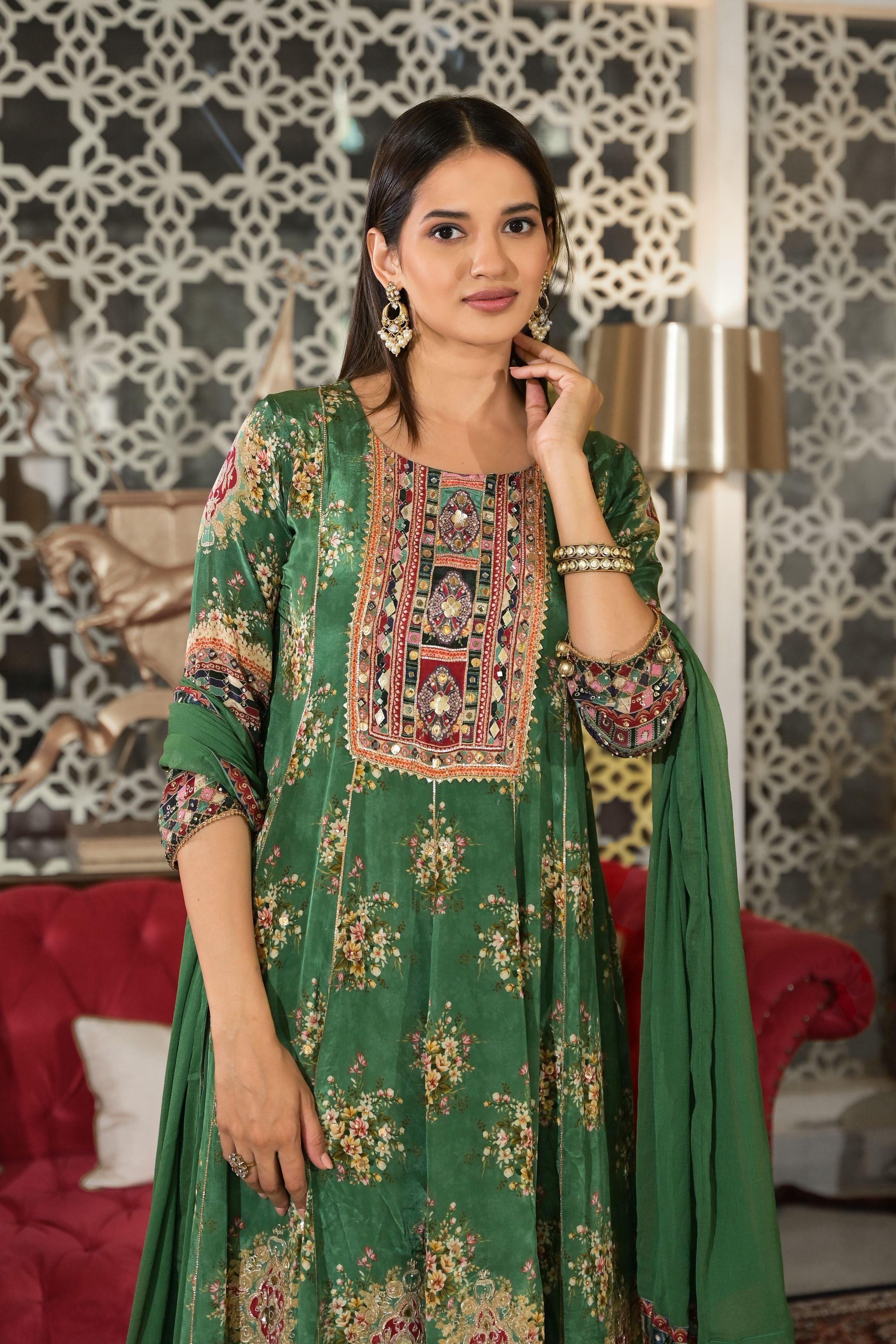 Green Printed Crepe Silk Anarkali Set