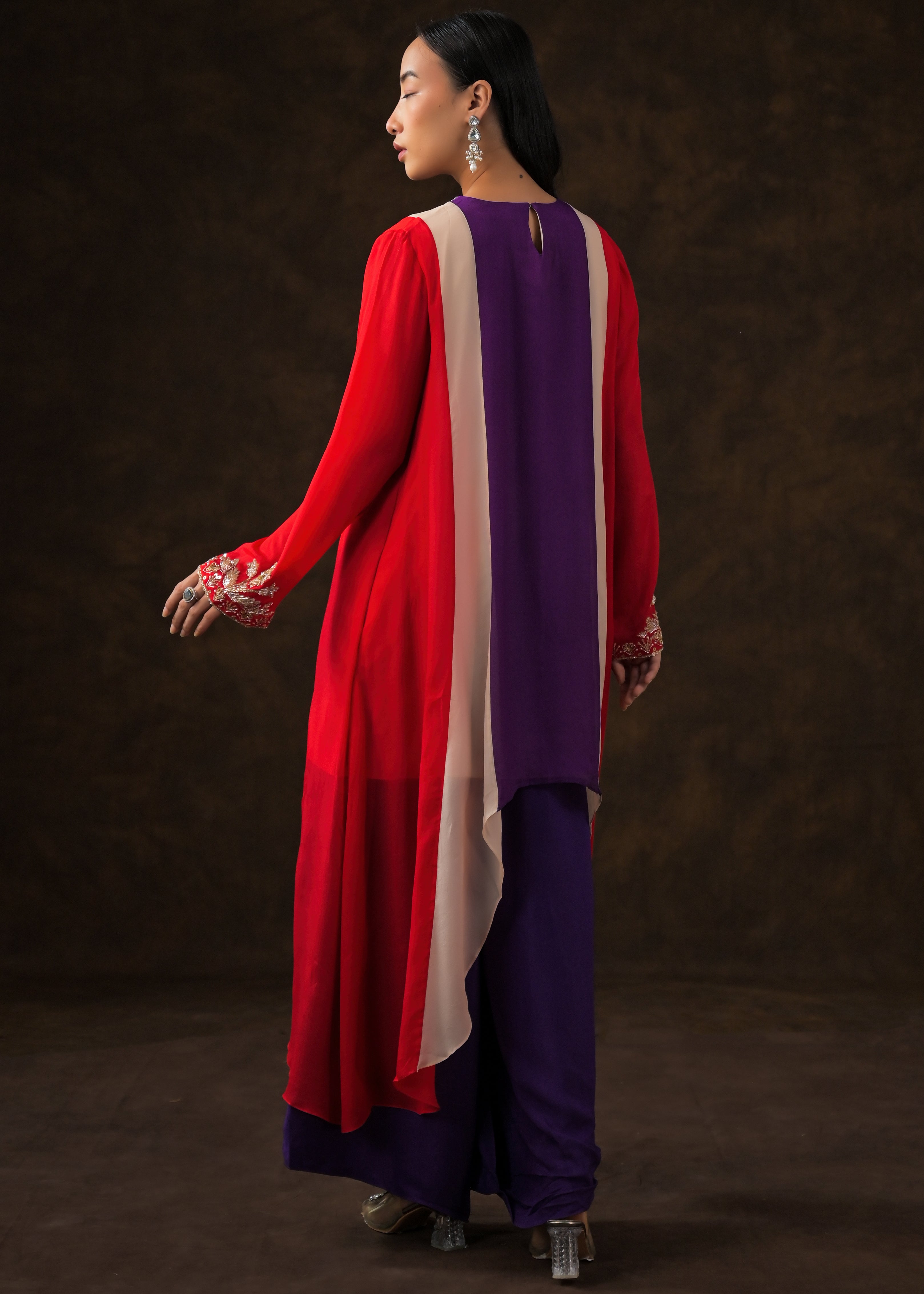 Multi-Color Embellished Chinon Silk Palazzo Set