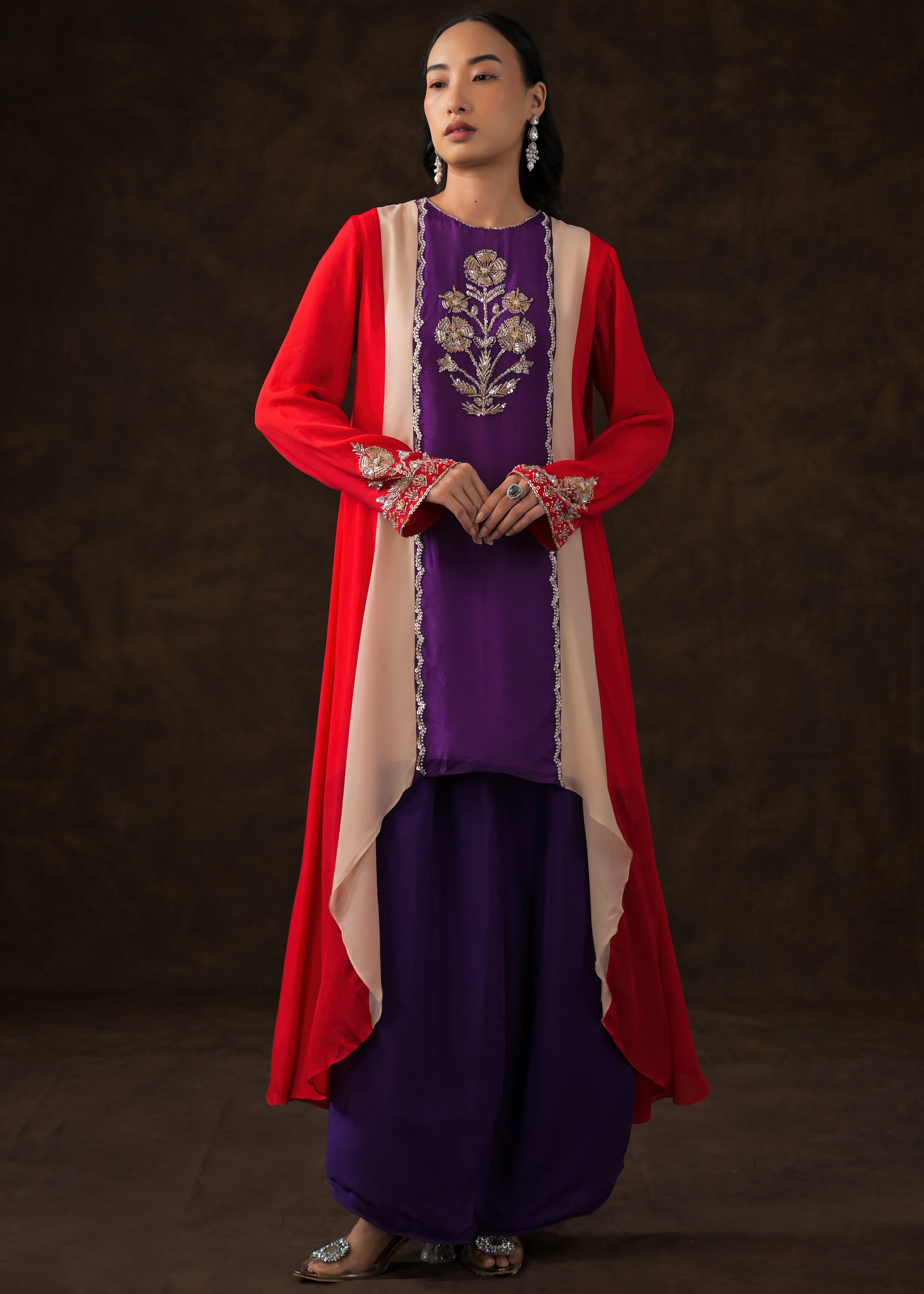 Multi-Color Embellished Chinon Silk Palazzo Set
