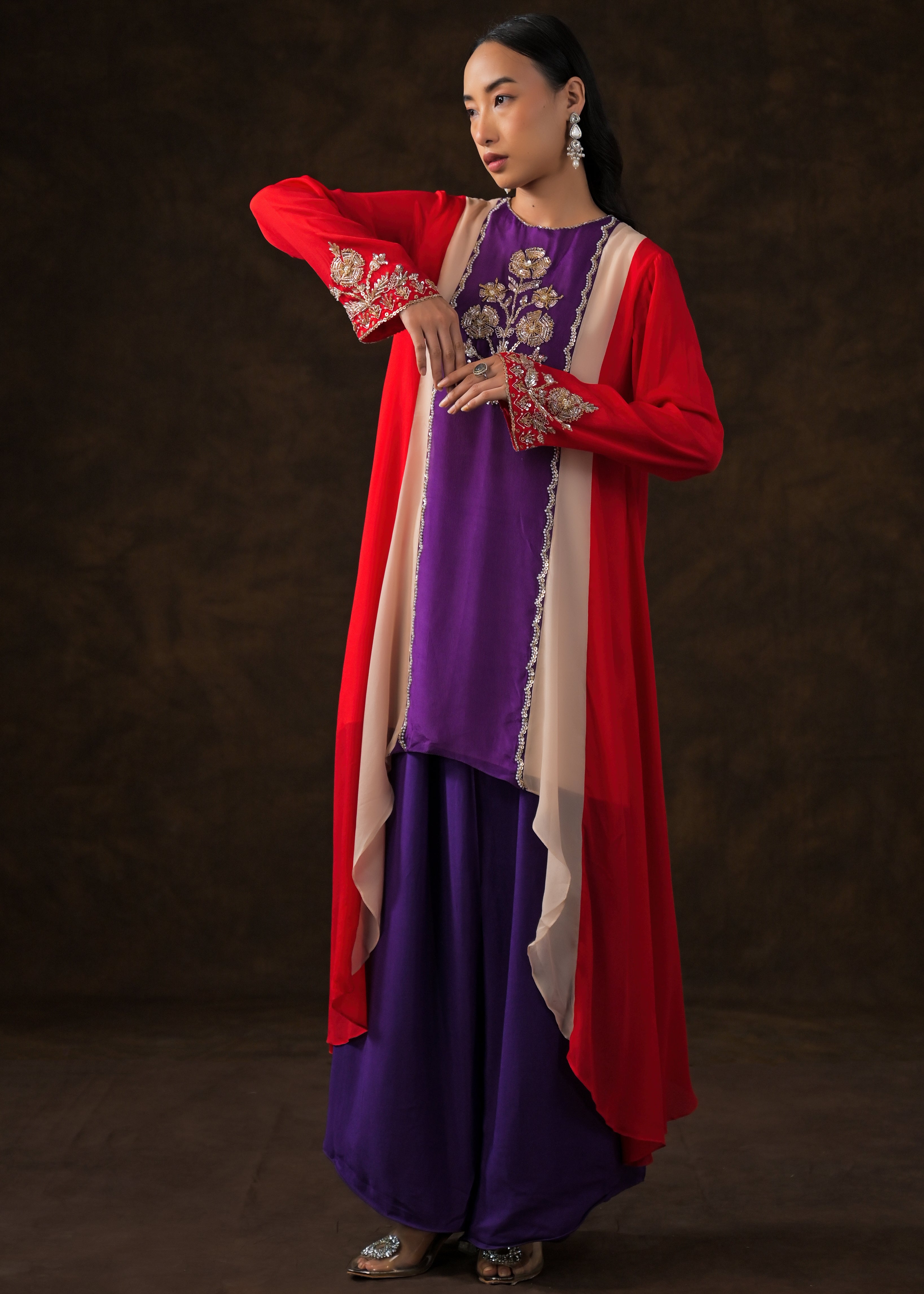 Multi-Color Embellished Chinon Silk Palazzo Set