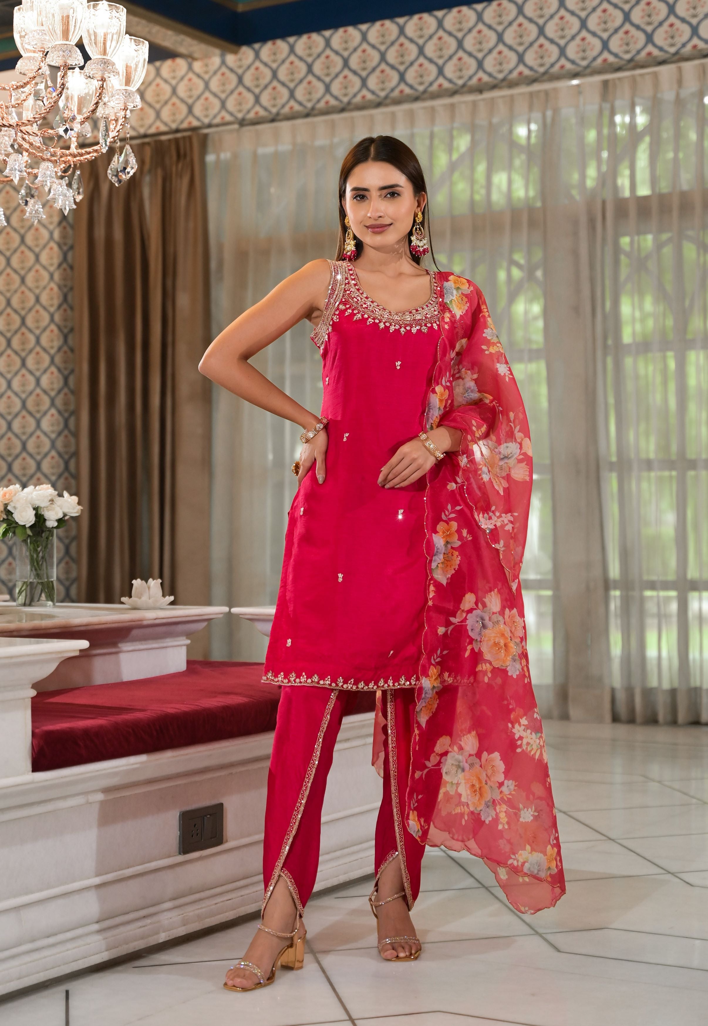 Cerise Pink Embellished Raw Silk Kurta Dhoti Set