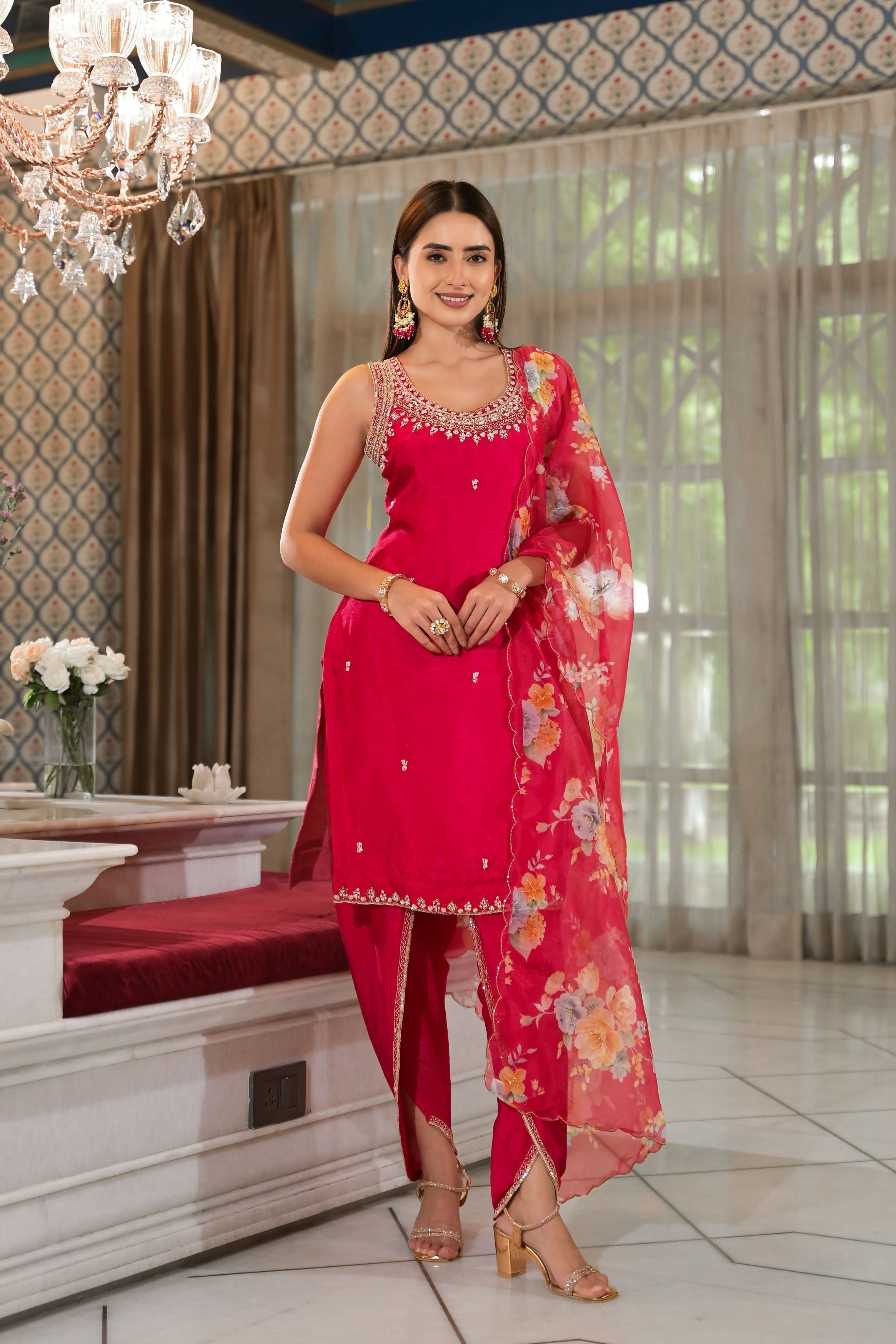 Cerise Pink Embellished Raw Silk Kurta Dhoti Set