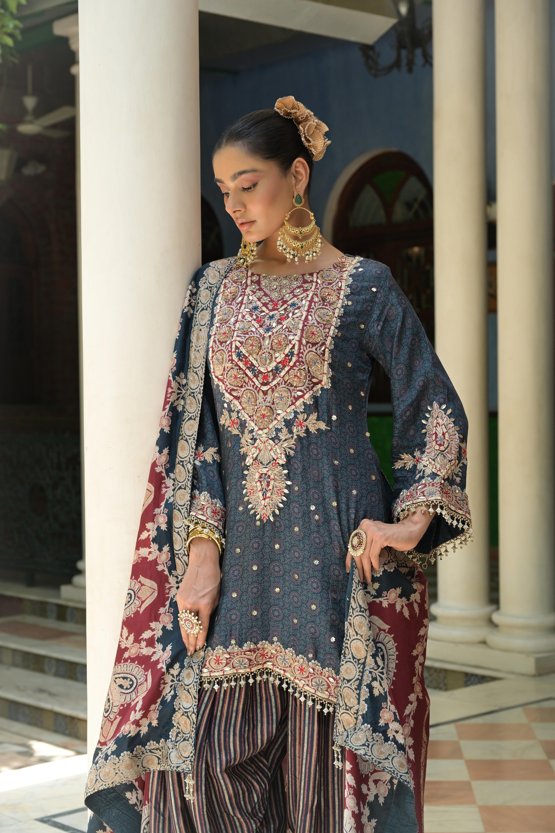 Dark Slate Embellished Crepe Silk Sharara Set