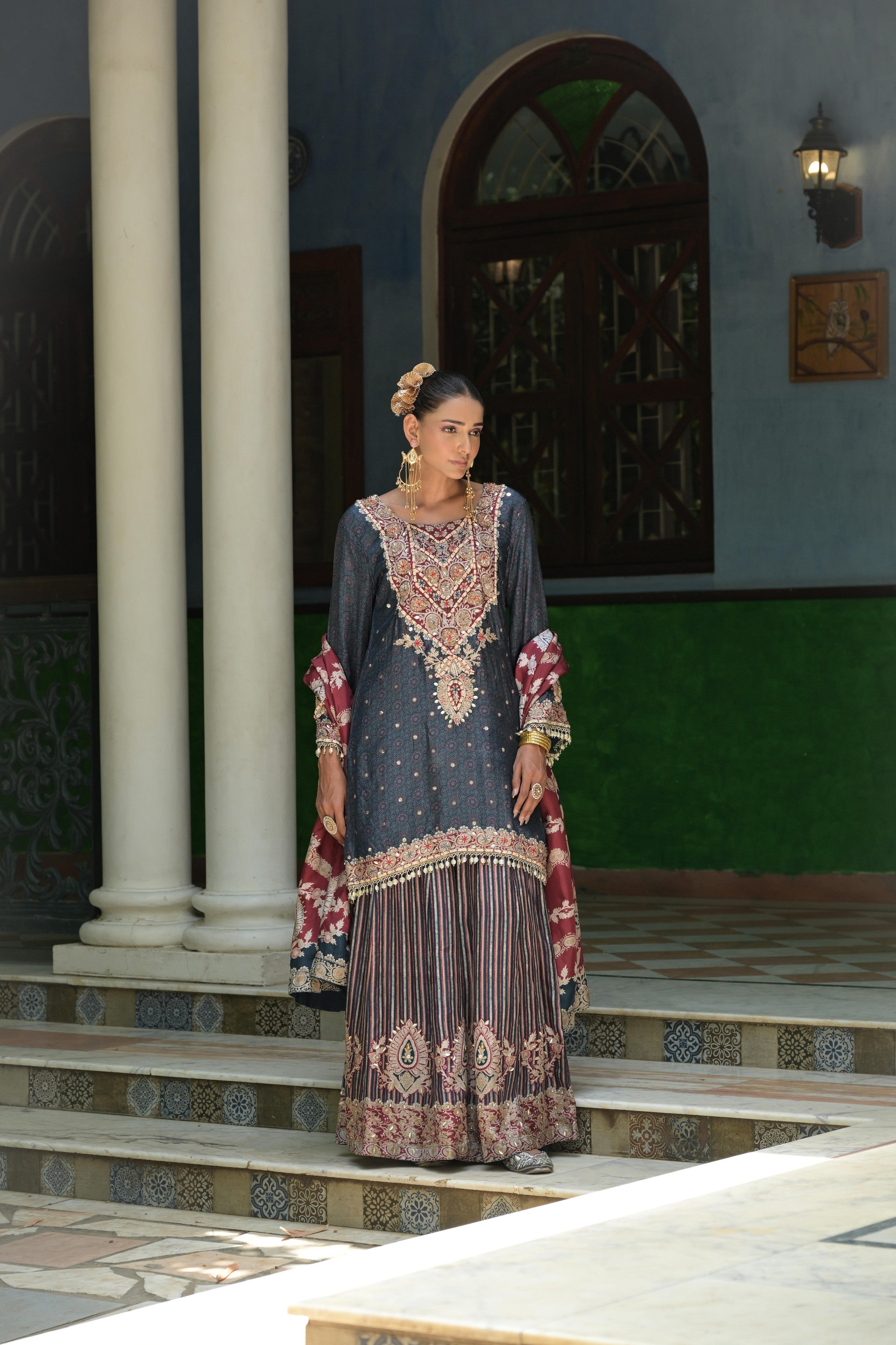 Dark Slate Embellished Crepe Silk Sharara Set
