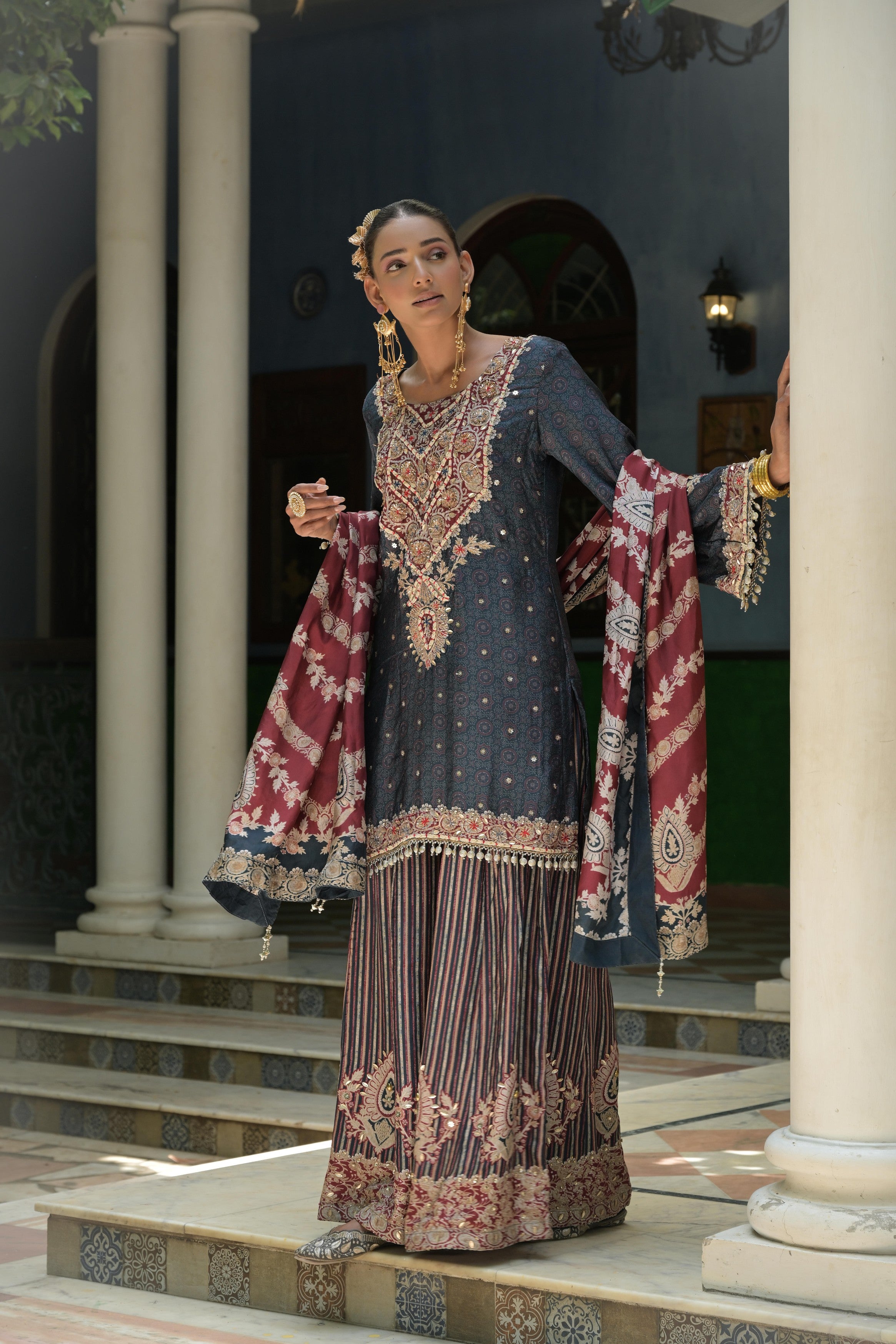 Dark Slate Embellished Crepe Silk Sharara Set