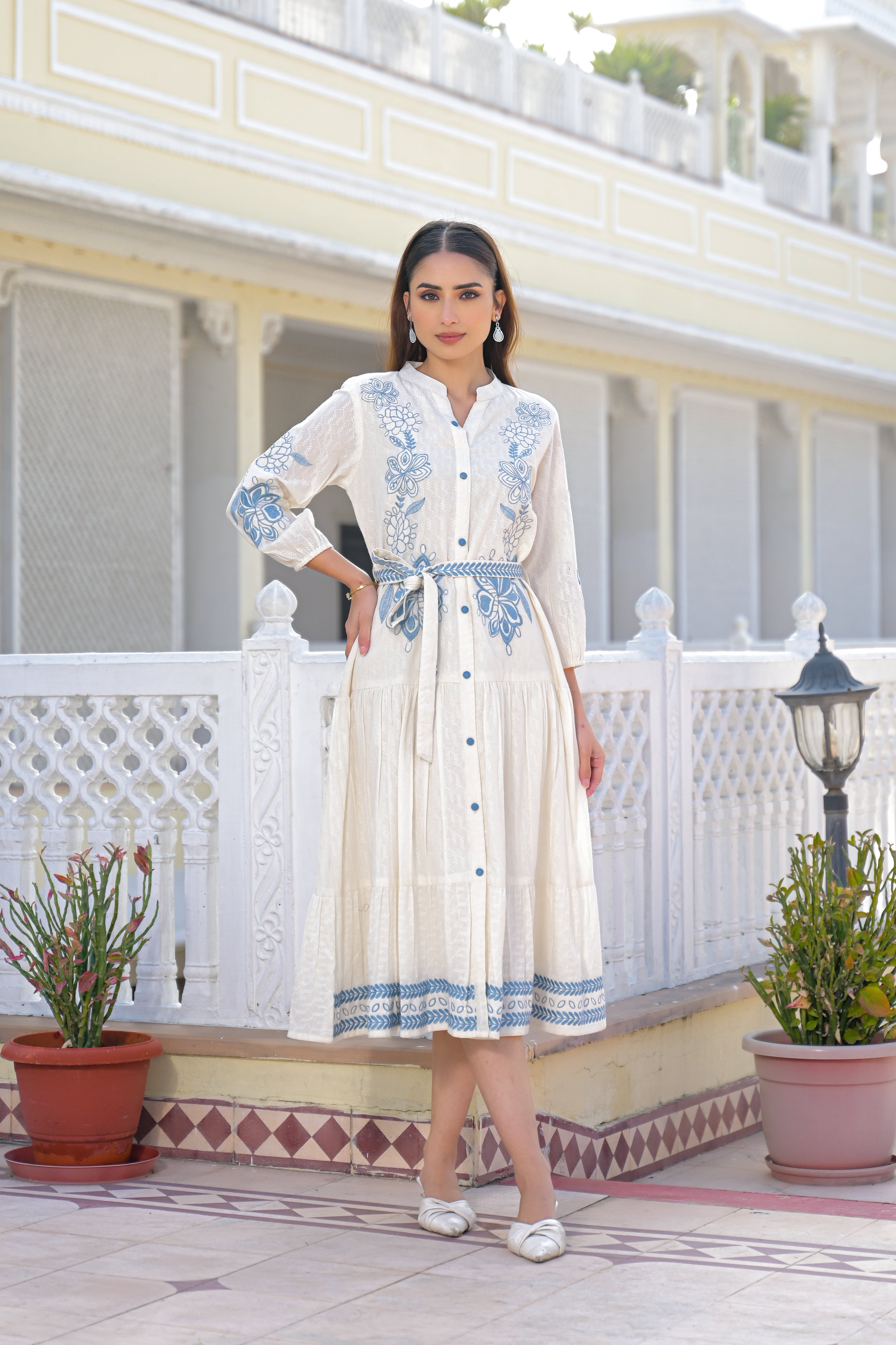 Blue Willow Embroidered Cotton Dress