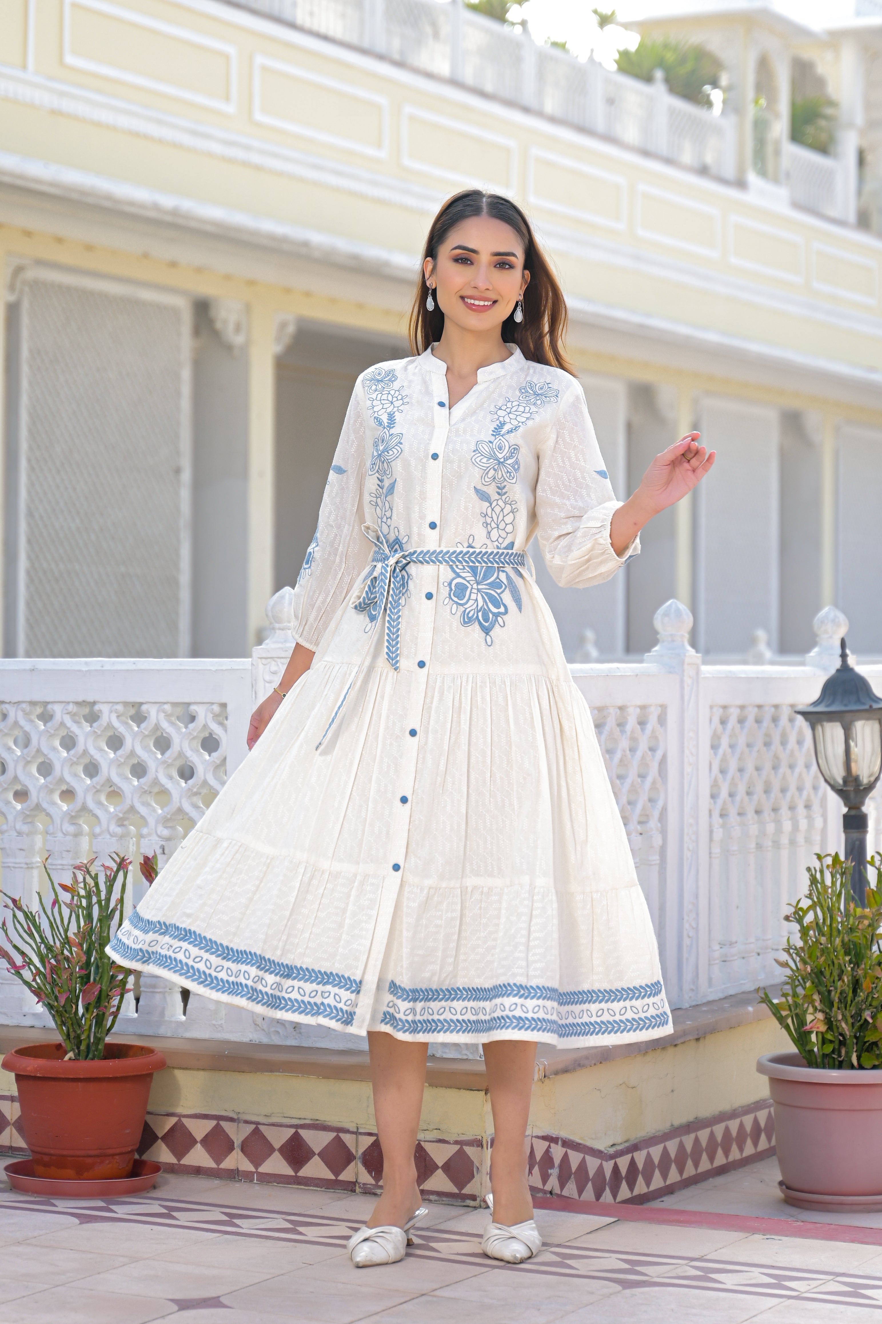 Blue Willow Embroidered Cotton Dress