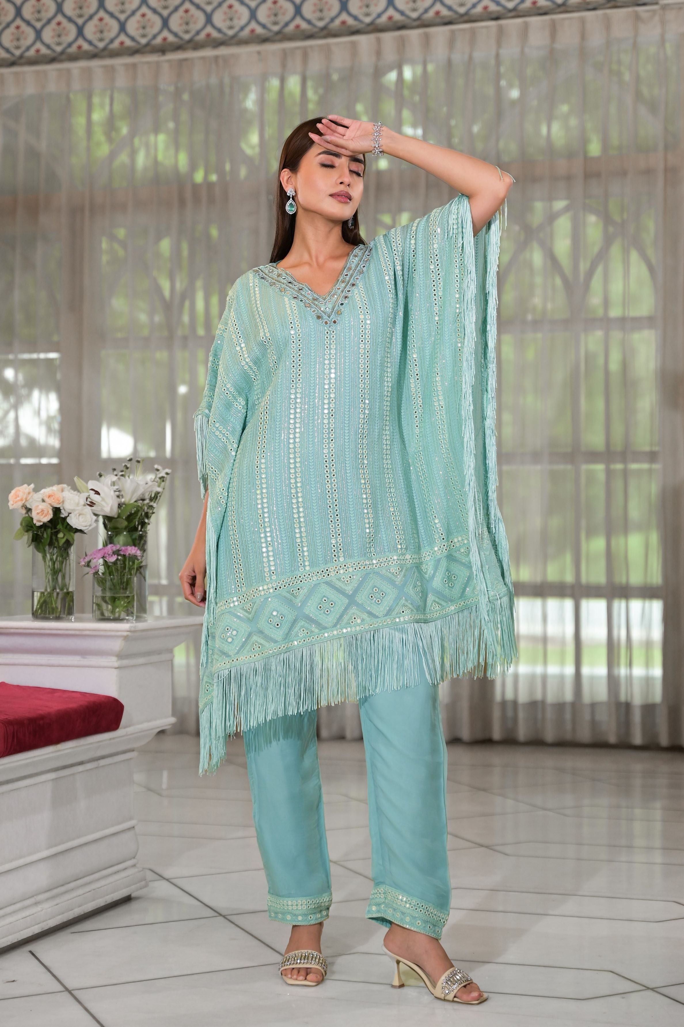 Light Turquoise Embroidered Georgette Silk Kaftan Set