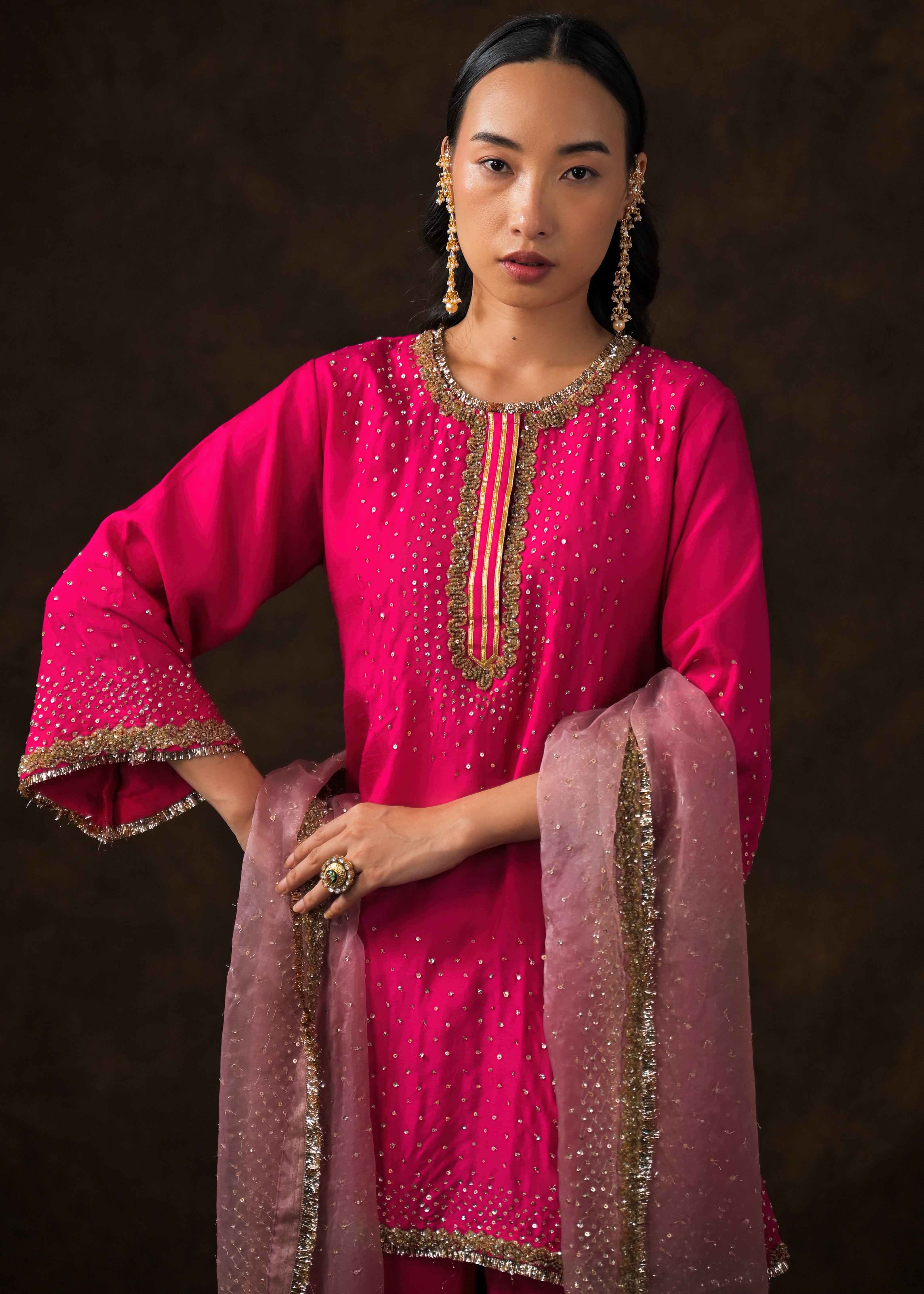 Queen Pink Embellished Raw Silk Pant Set