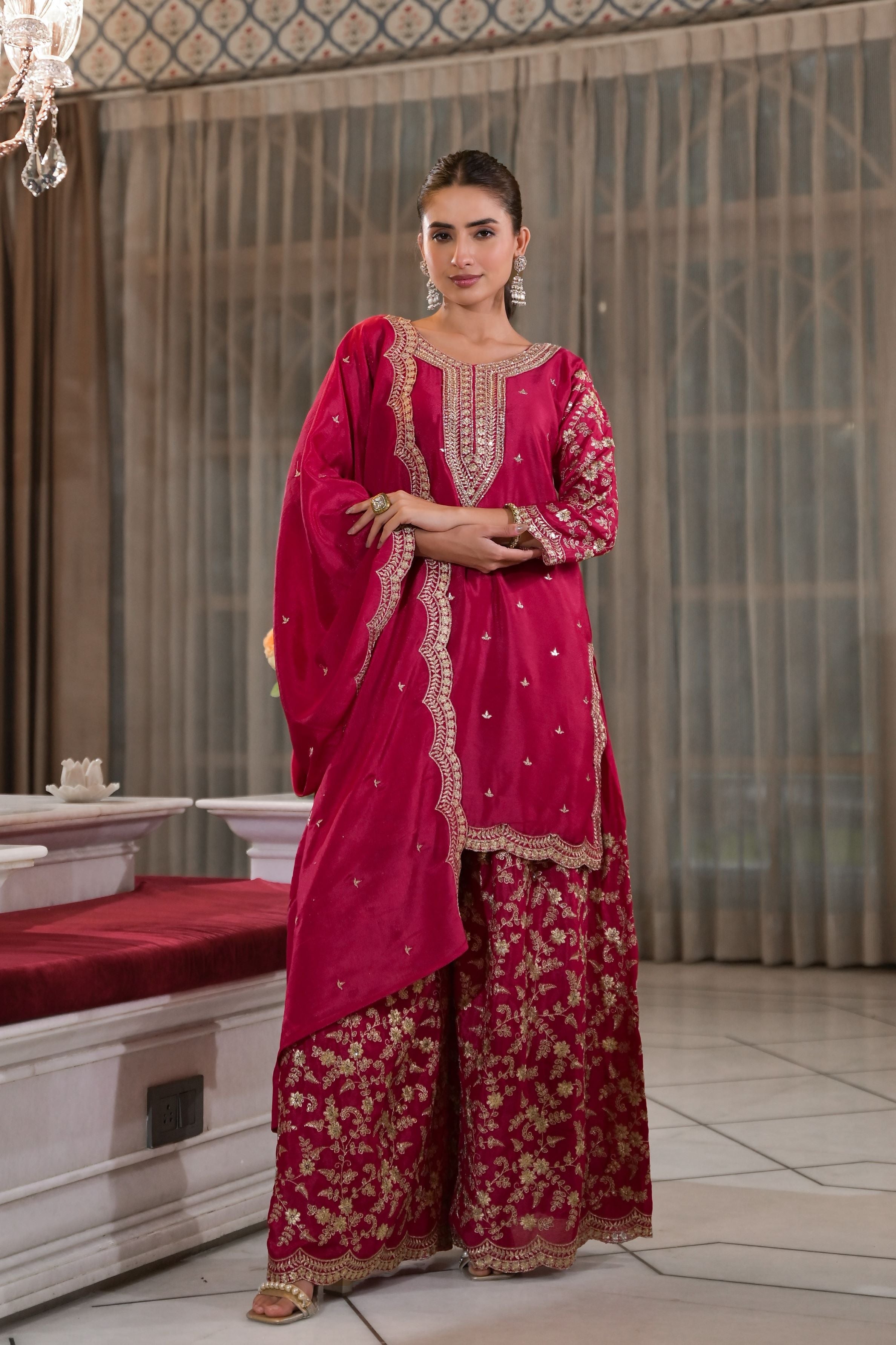 Ruby Red Embellished Italian Silk Palazzo Set