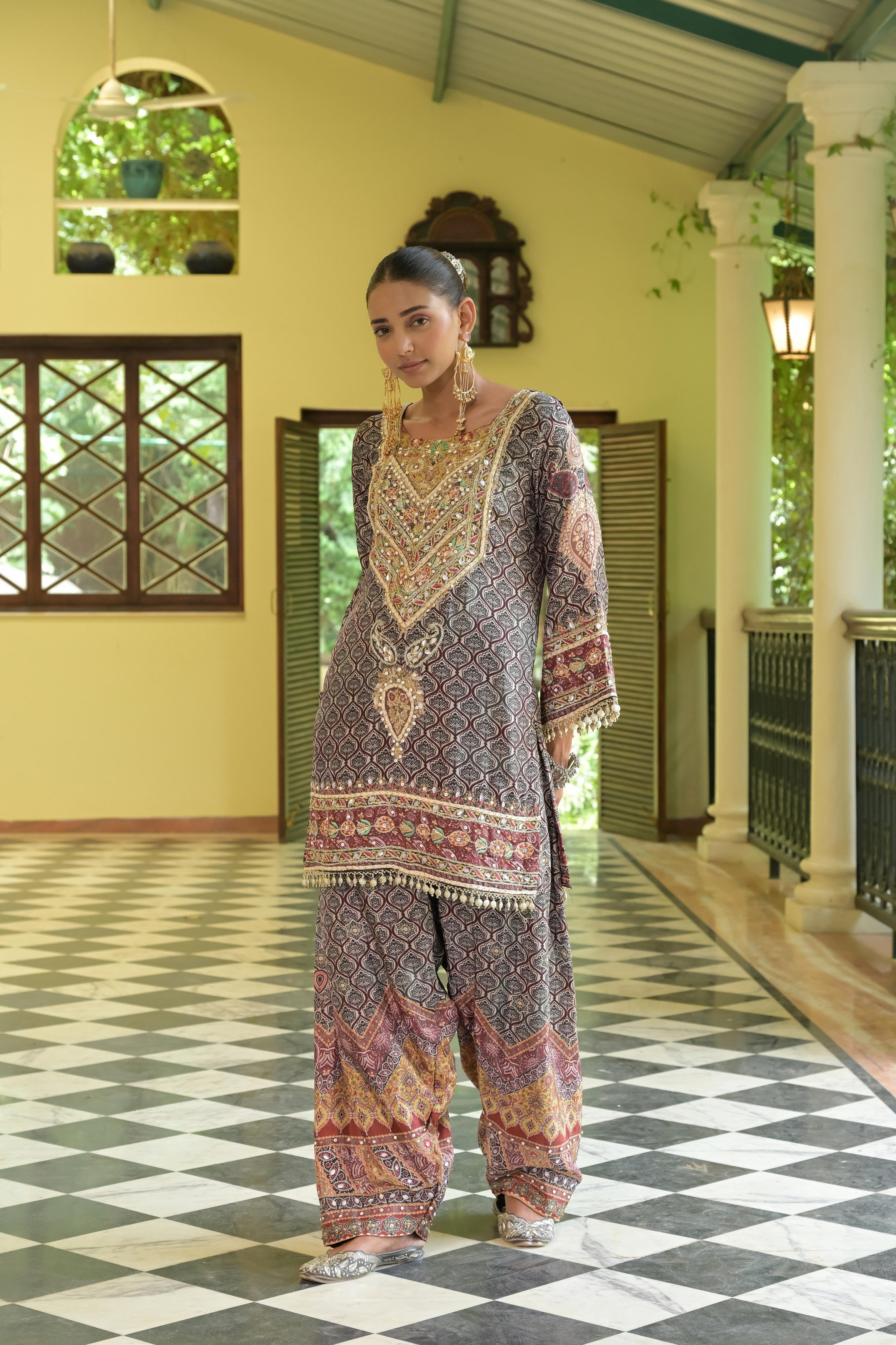 Brown Embellished Crepe Silk Salwar Set