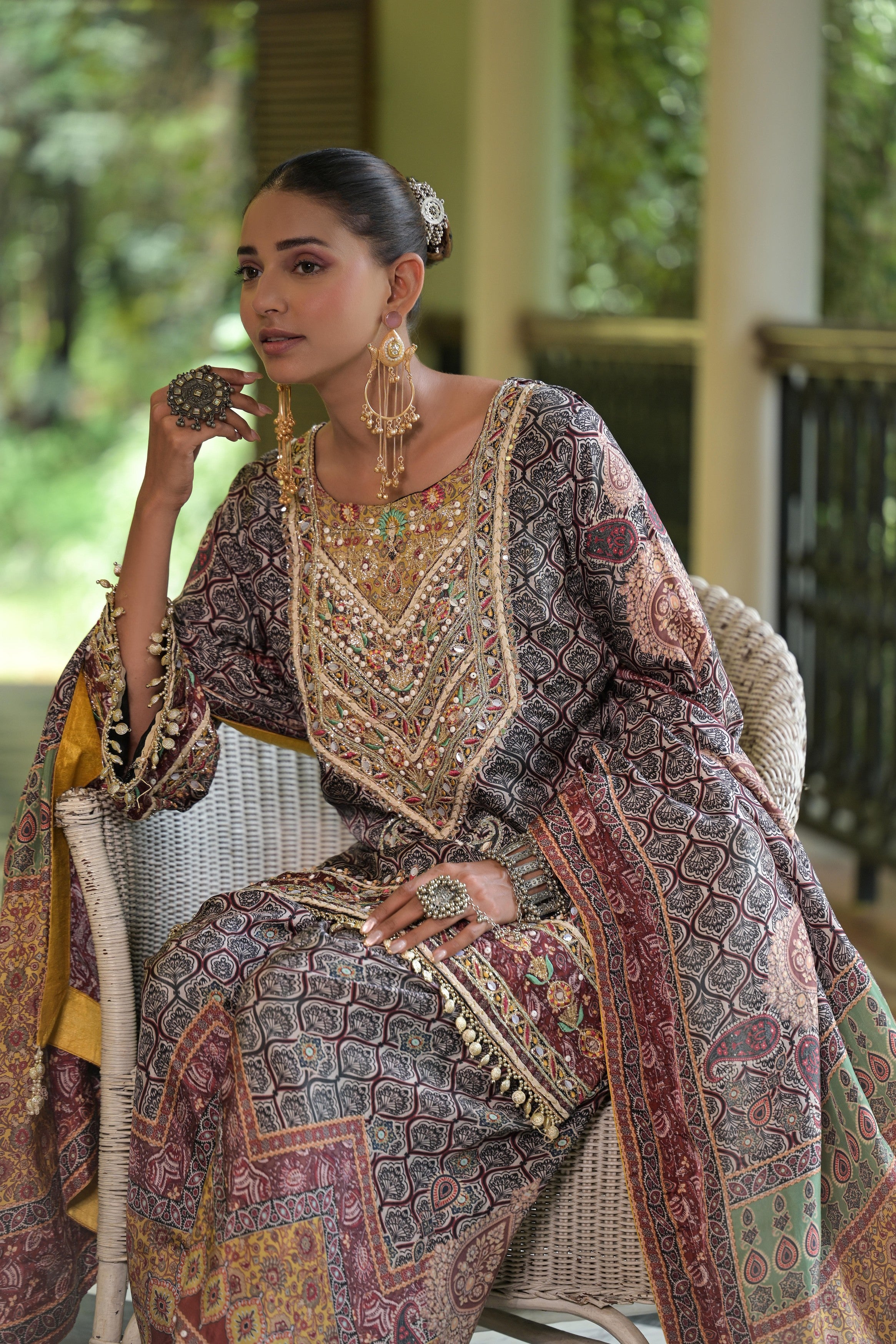 Brown Embellished Crepe Silk Salwar Set