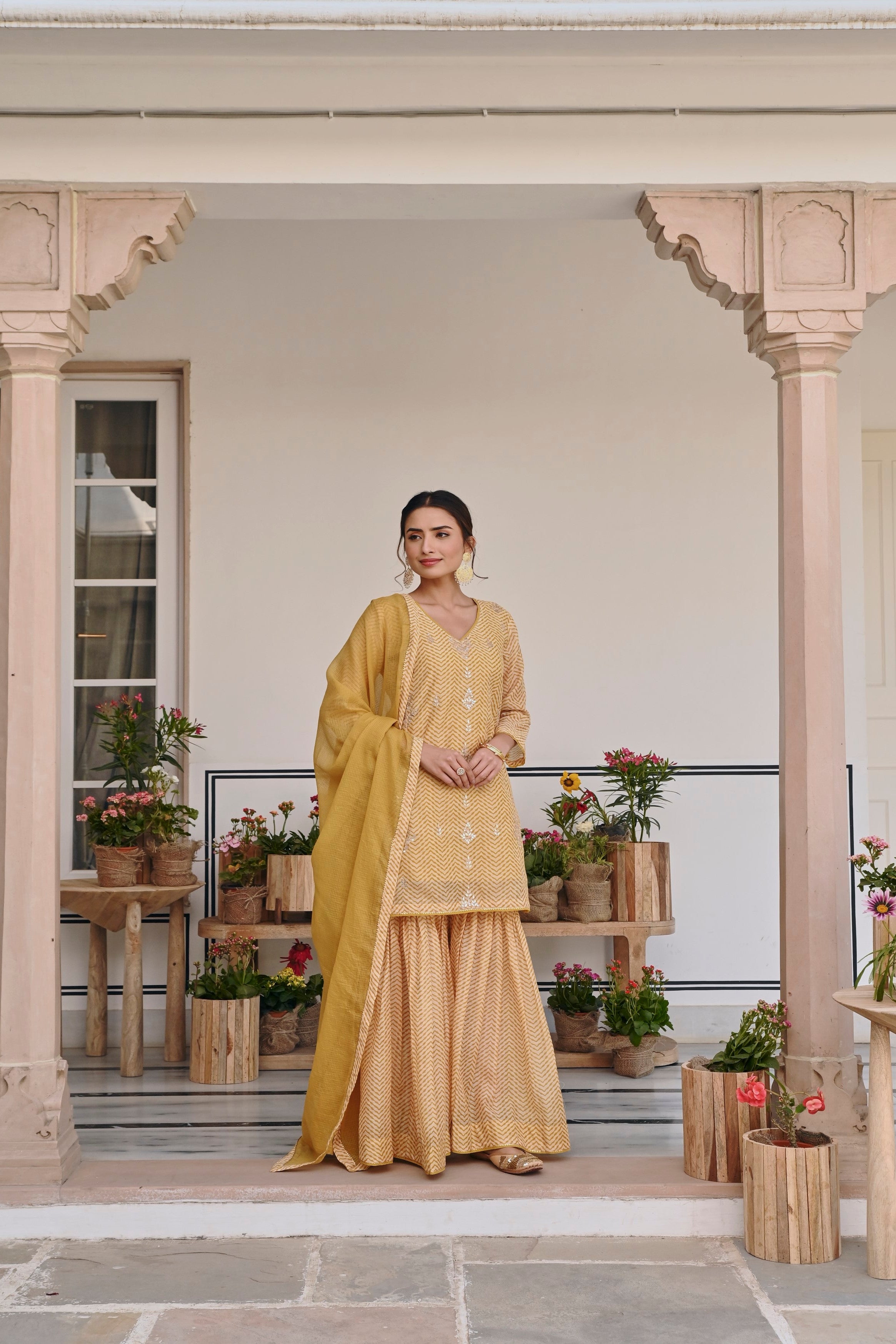 Mustard Embellished Chanderi Silk Sharara Set